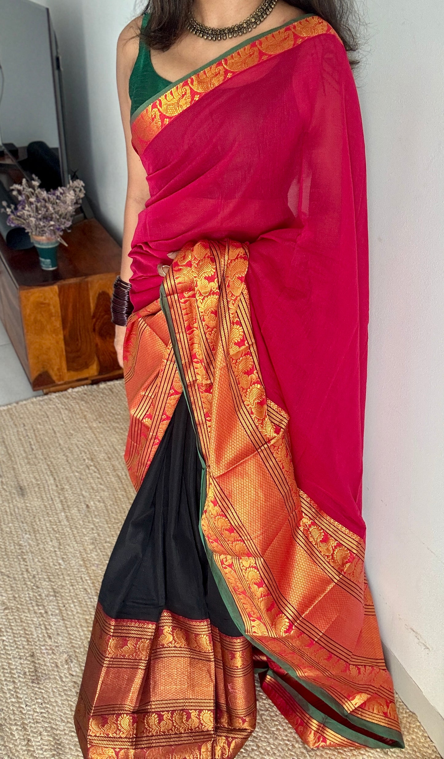 Black - dark pink Narayanpet half saree, unstitched material, soft cotton YCAHSN01