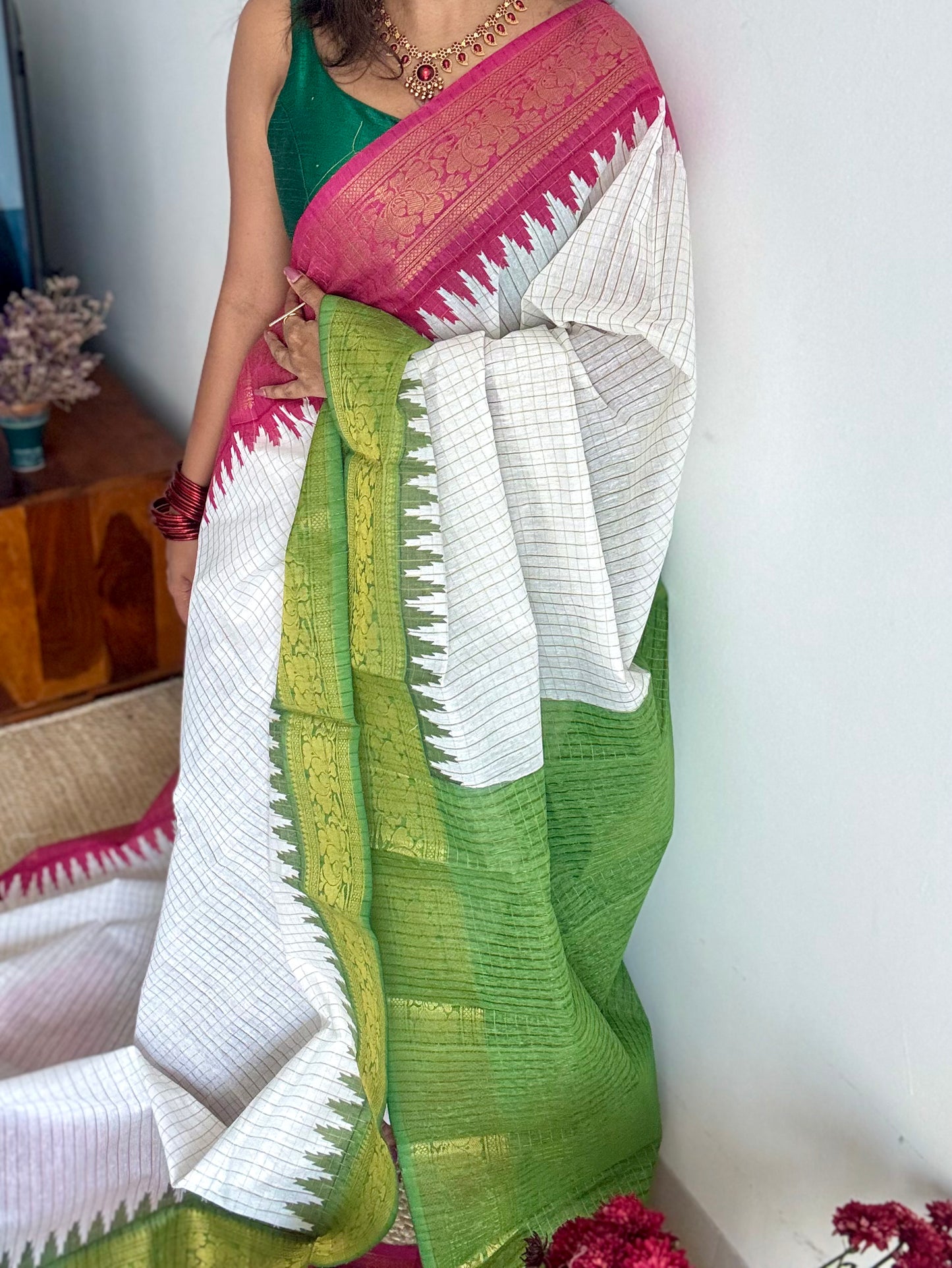 Dark Pink - Green - sungudi cotton checks, ivory gold base, soft cotton - YCON25COTN100