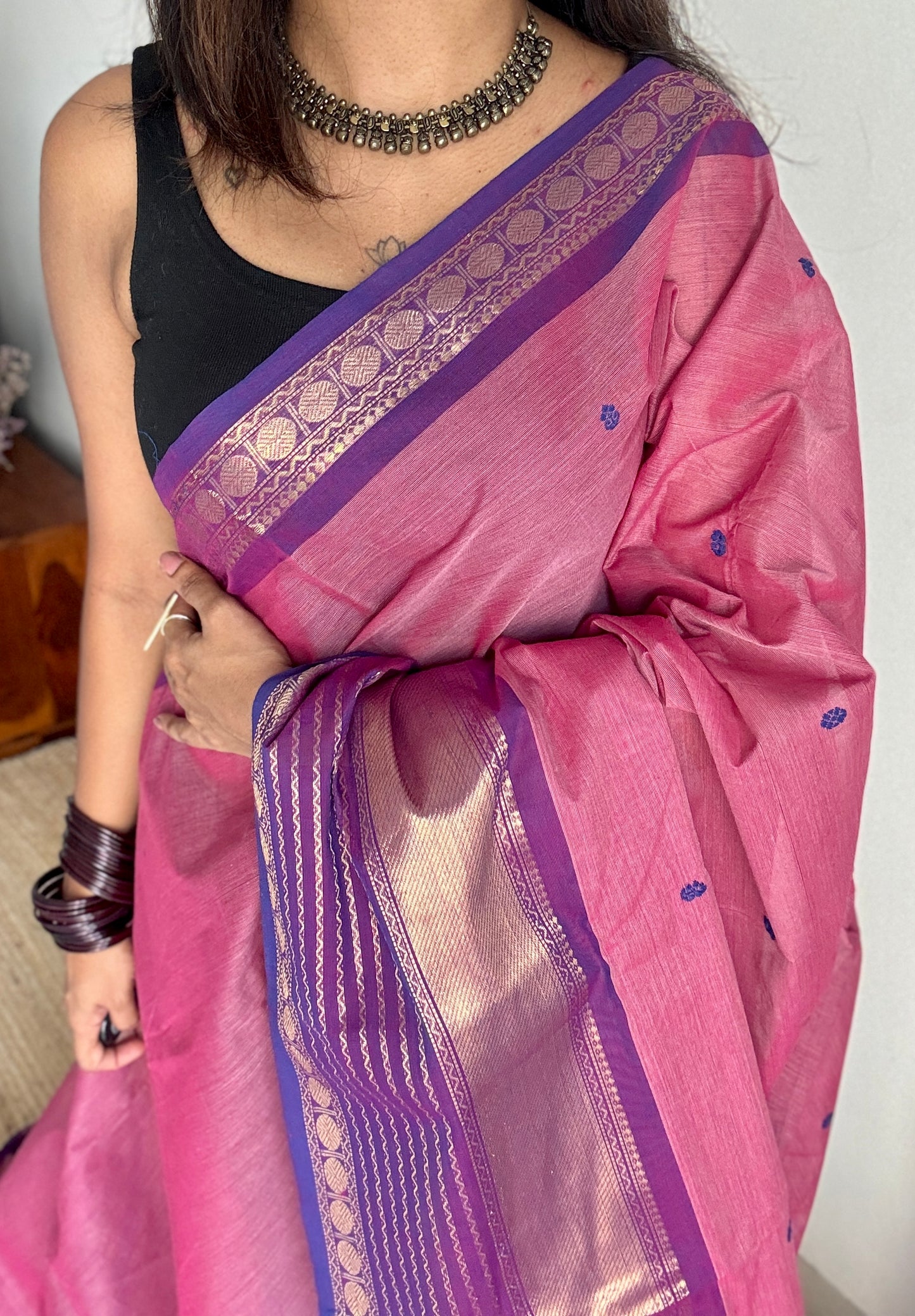 Pink with Violet and Purple Pink one side broad zari - Chettinad Soft Cotton - YCCL402