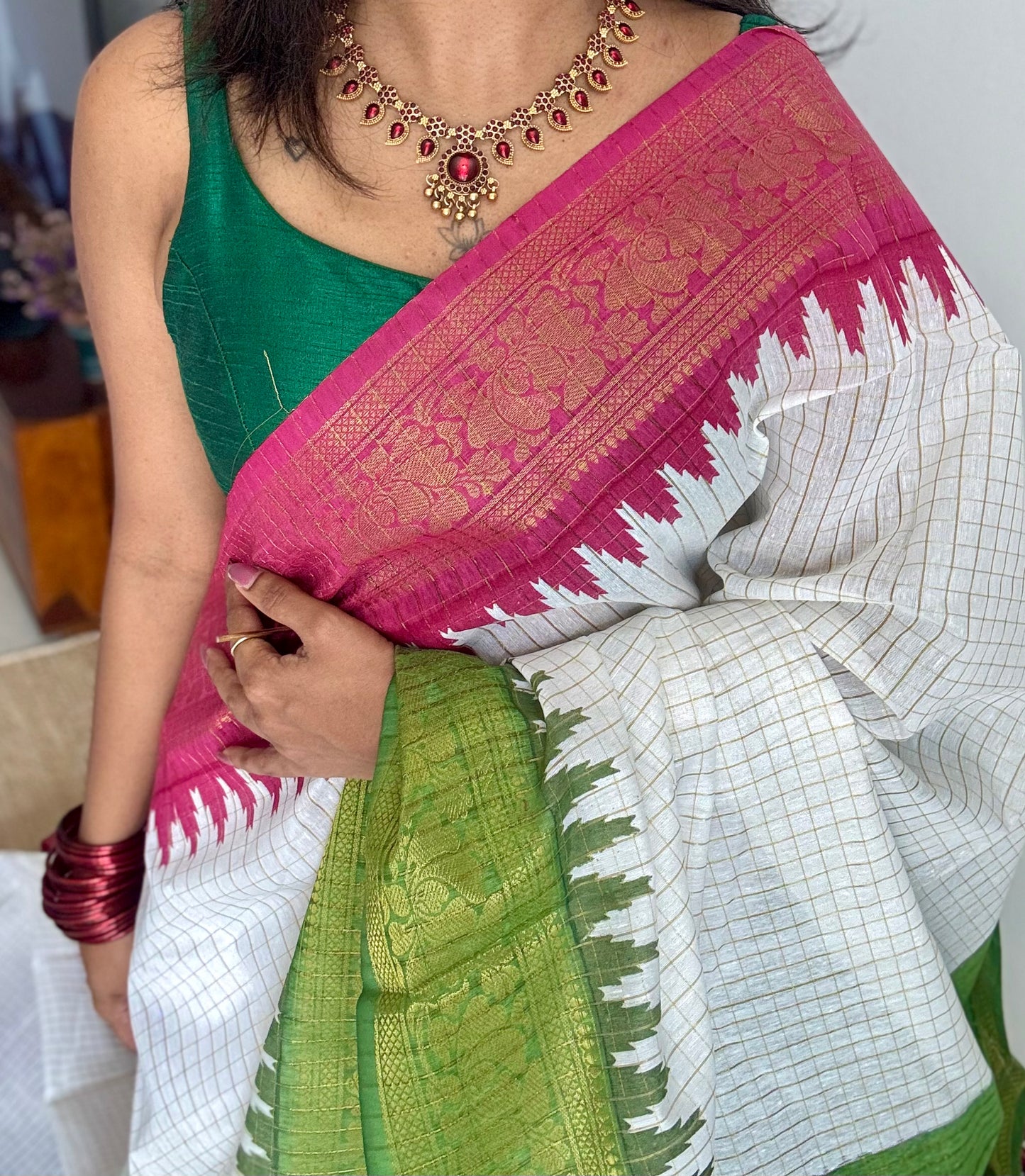 Dark Pink - Green - sungudi cotton checks, ivory gold base, soft cotton - YCON25COTN100