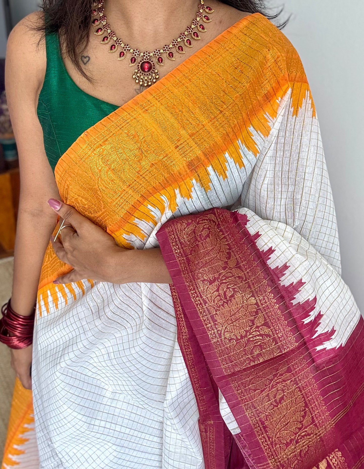 Dark Red - Yellow - sungudi cotton checks, ivory gold base, soft cotton - YCON25COTN101