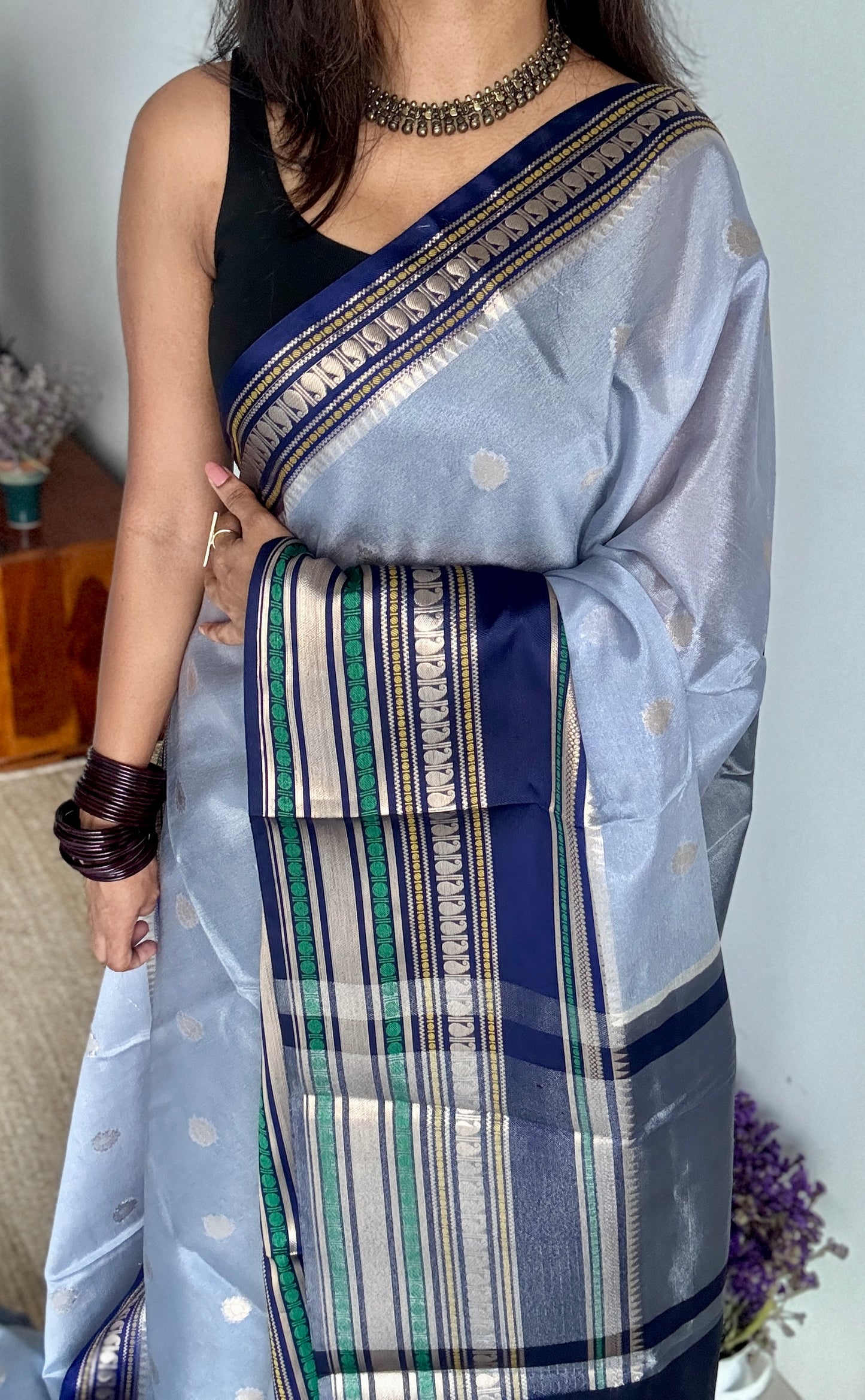 Blue Dark Blue - Banarasi Semi Katan Silk