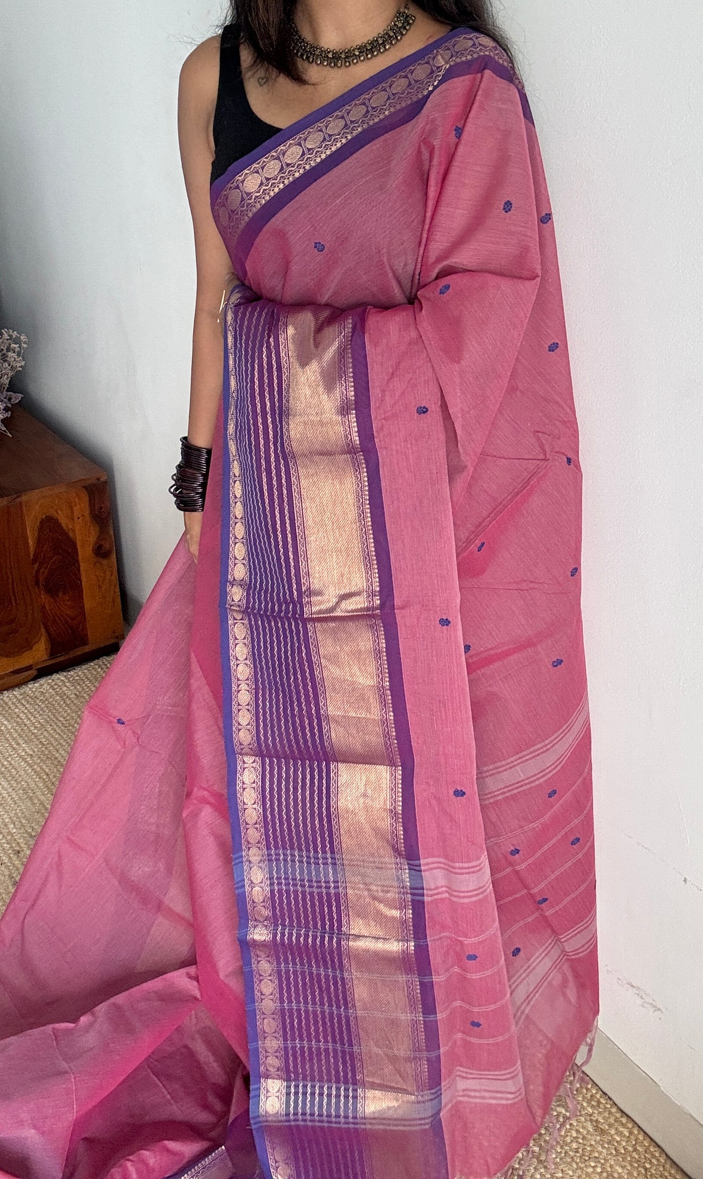 Pink with Violet and Purple Pink one side broad zari - Chettinad Soft Cotton - YCCL402