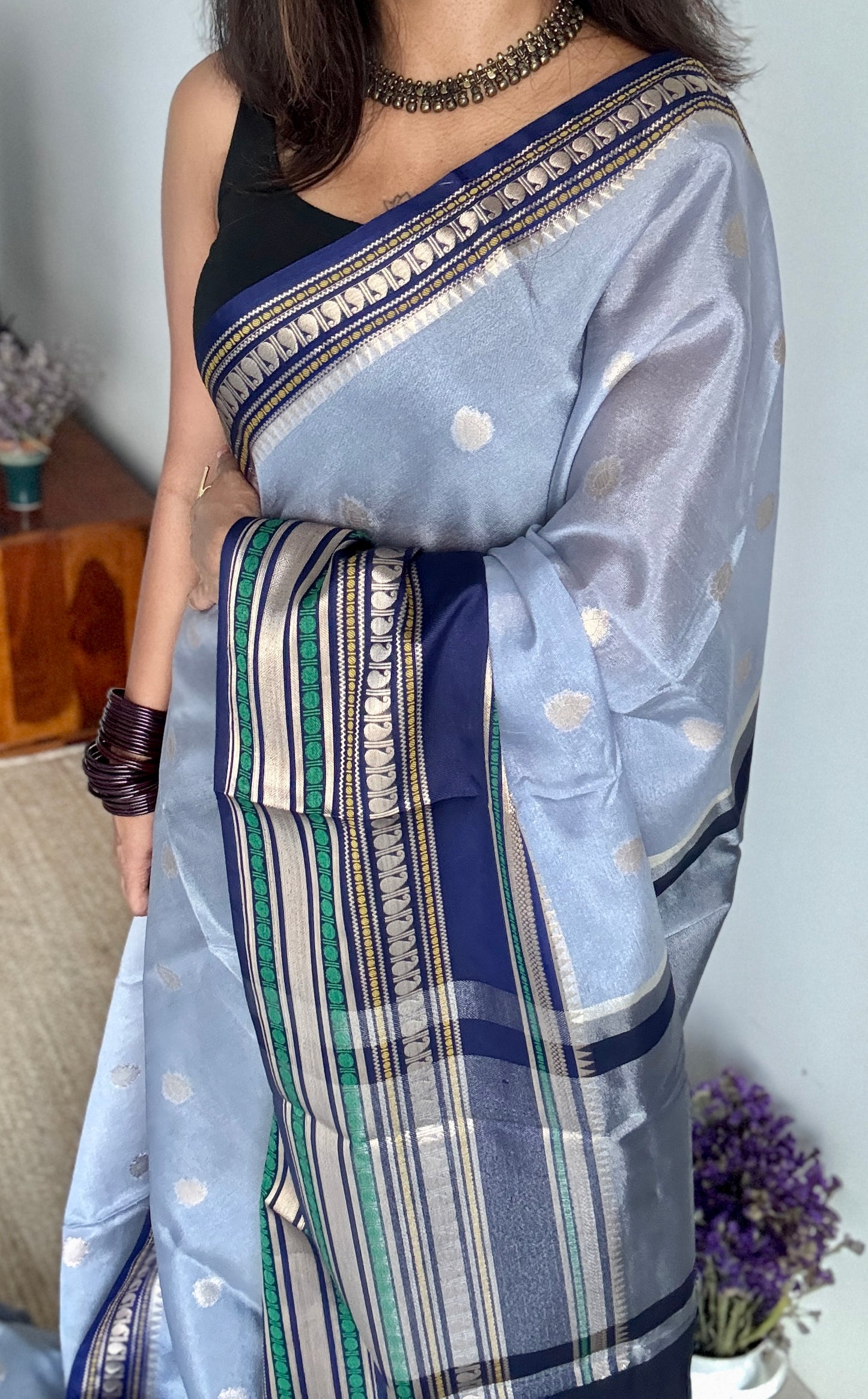 Blue Dark Blue - Banarasi Semi Katan Silk
