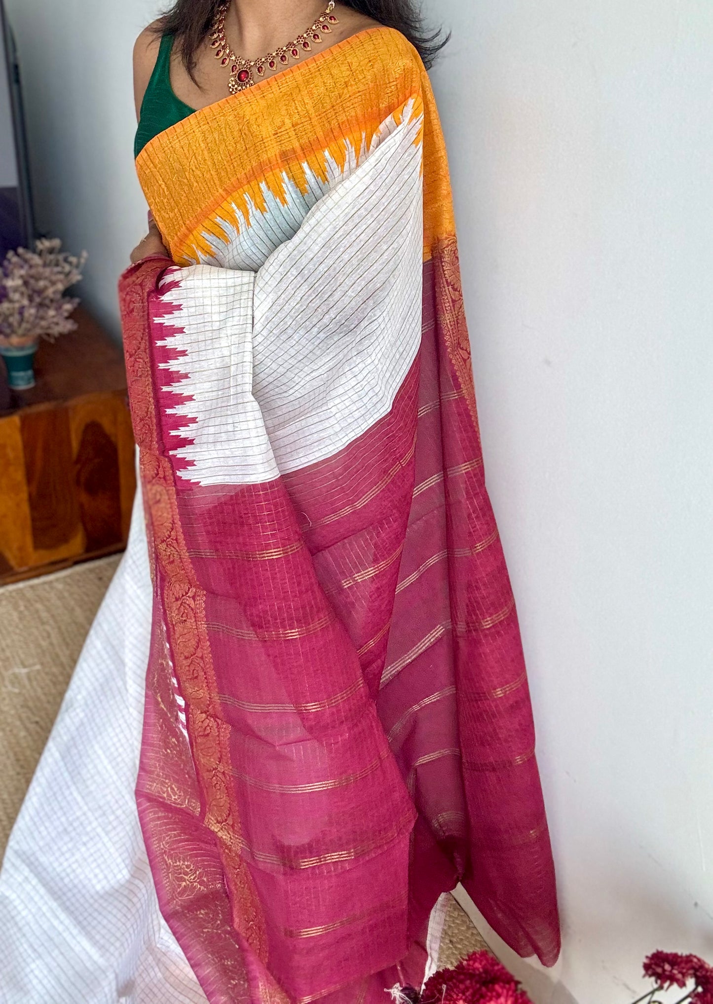 Dark Red - Yellow - sungudi cotton checks, ivory gold base, soft cotton - YCON25COTN101