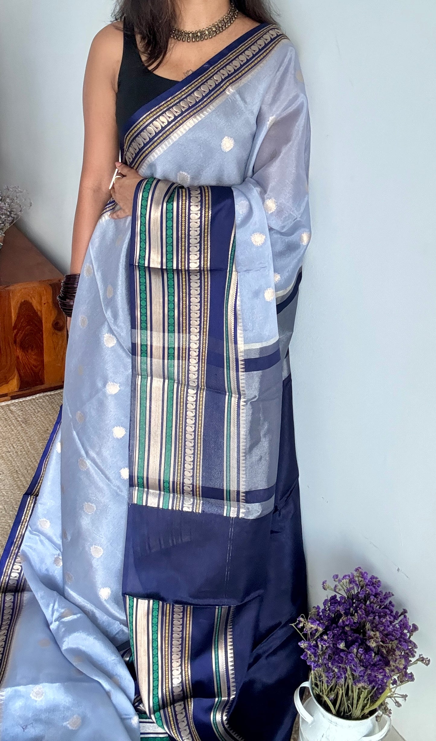 Blue Dark Blue - Banarasi Semi Katan Silk