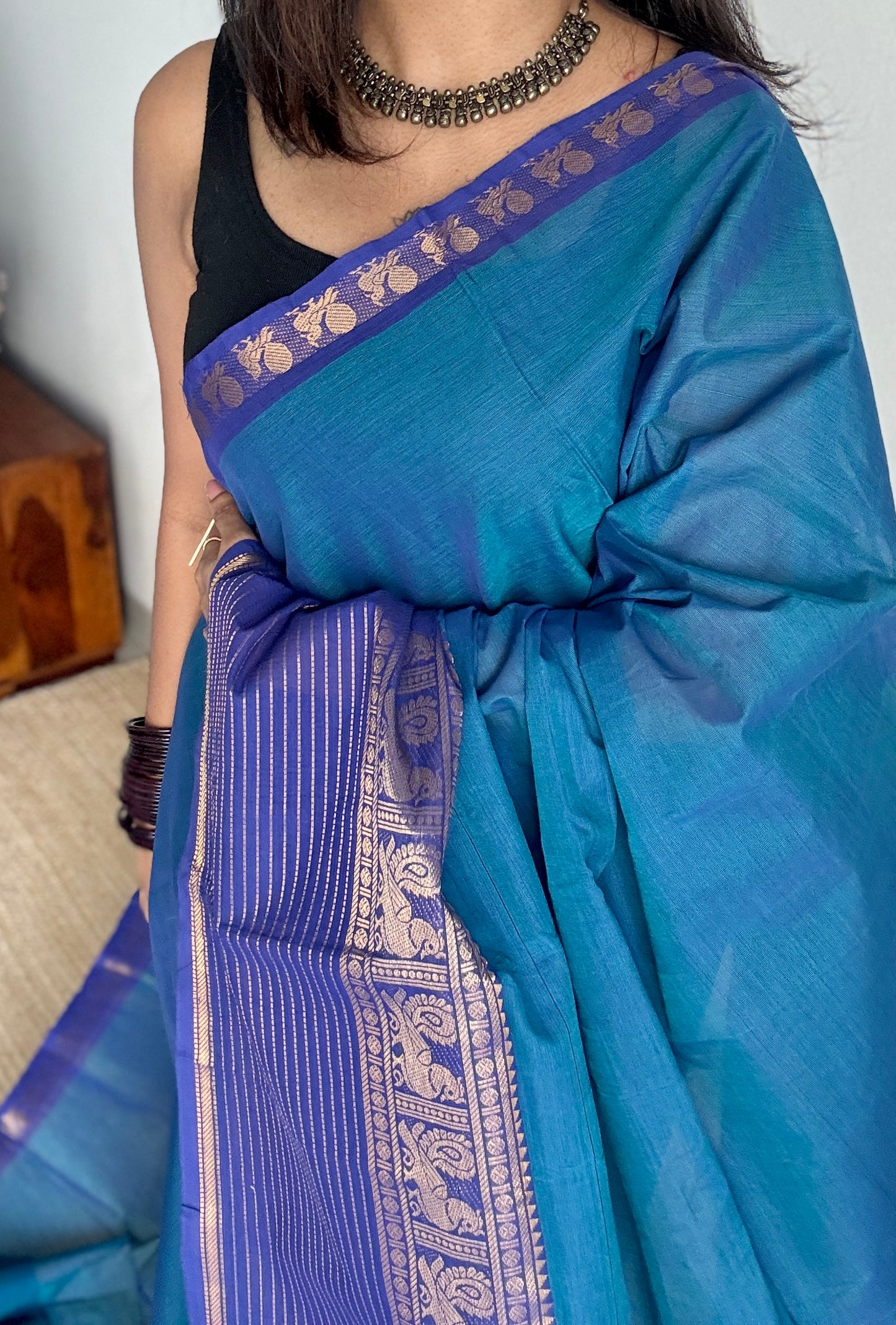 Blue with Violet, one side broad zari - Chettinad Soft Cotton - YCCL403