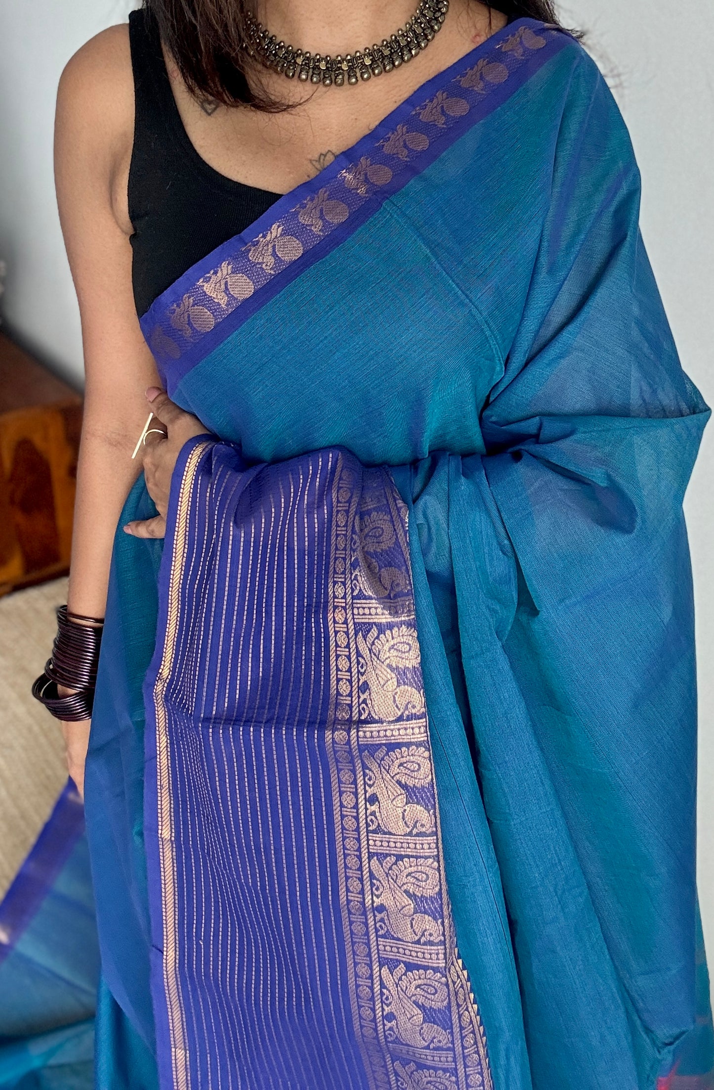 Blue with Violet, one side broad zari - Chettinad Soft Cotton - YCCL403