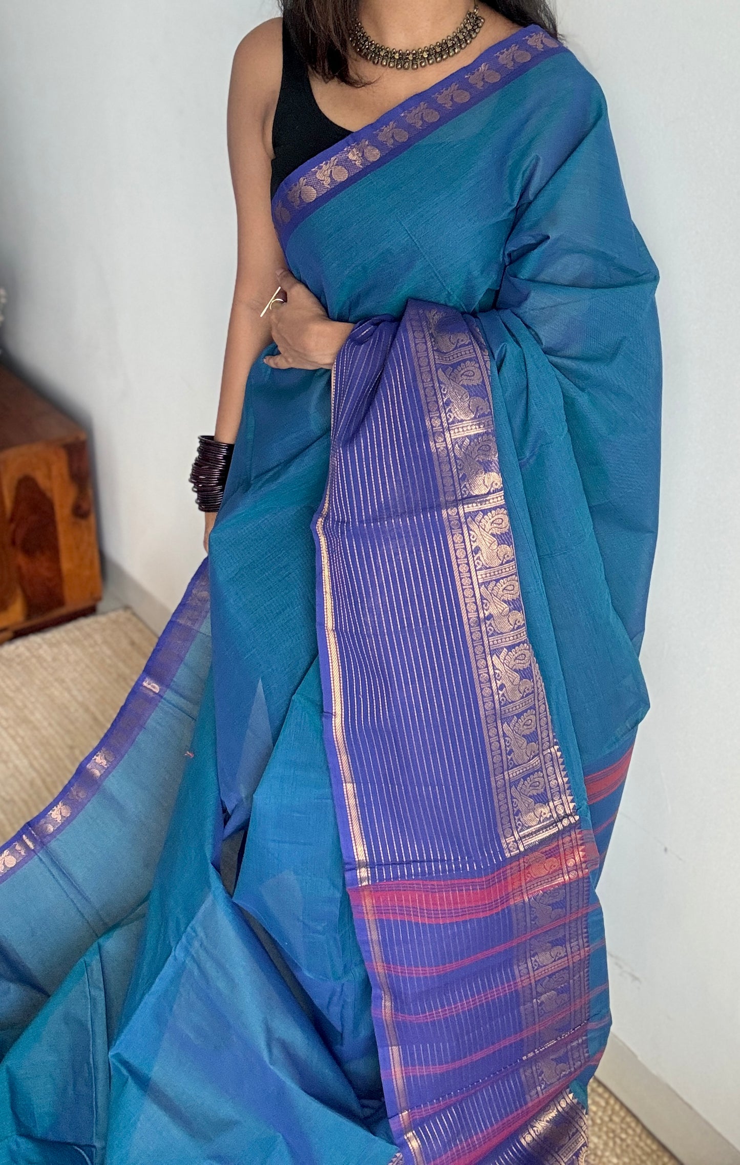 Blue with Violet, one side broad zari - Chettinad Soft Cotton - YCCL403