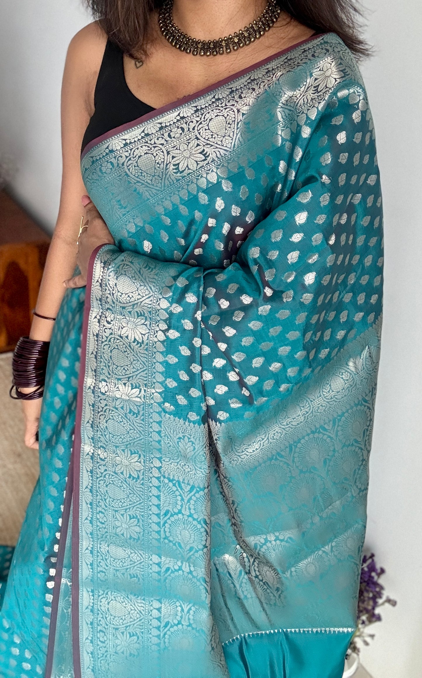 Teal Coffee Brown - Banarasi Semi Katan Silk - YCBLSK03