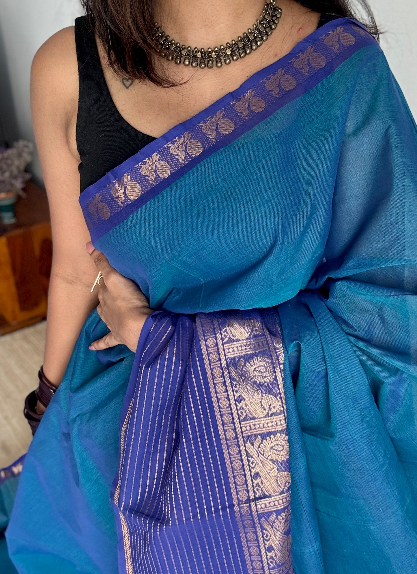 Blue with Violet, one side broad zari - Chettinad Soft Cotton - YCCL403