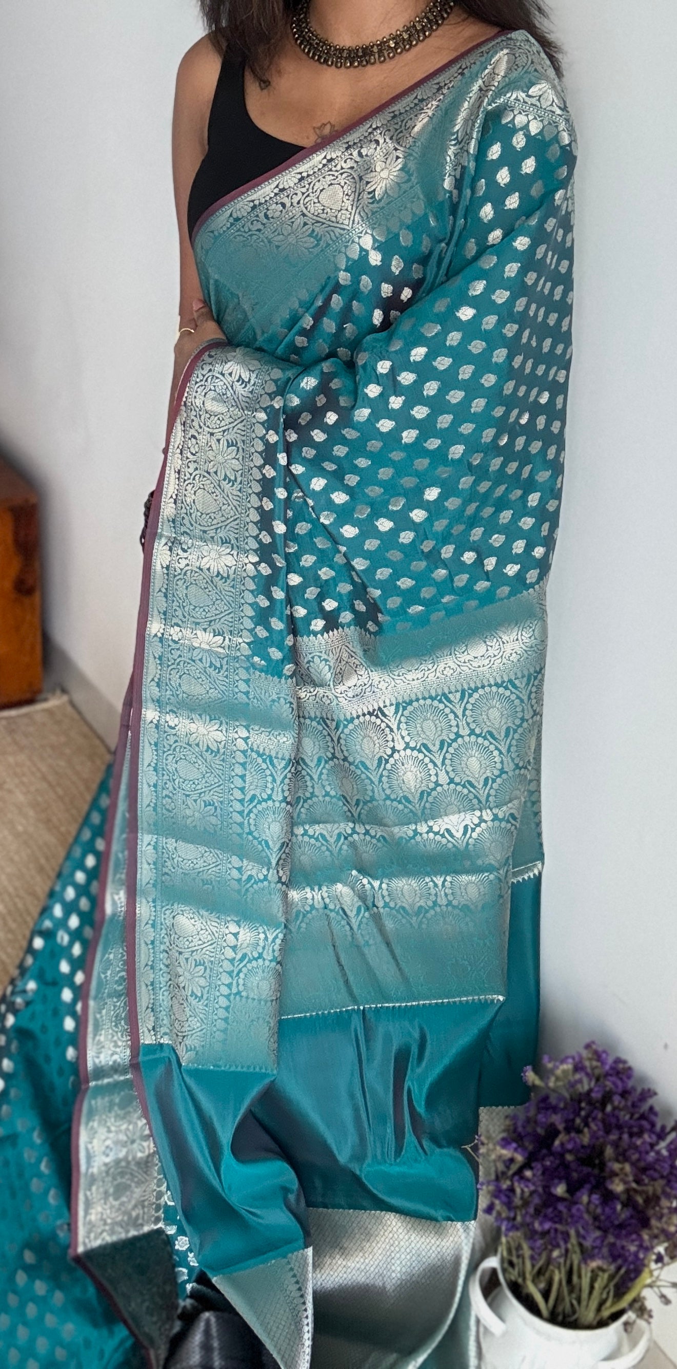 Teal Coffee Brown - Banarasi Semi Katan Silk - YCBLSK03