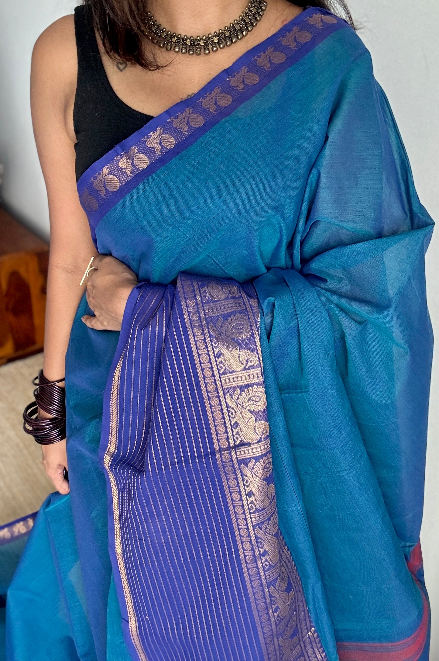 Blue with Violet, one side broad zari - Chettinad Soft Cotton - YCCL403