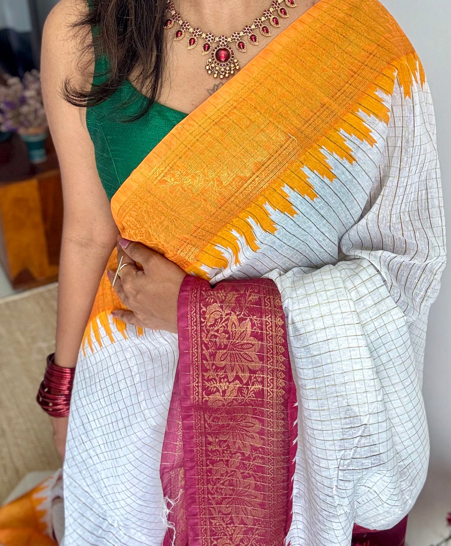 Dark Red - Yellow - sungudi cotton checks, ivory gold base, soft cotton - YCON25COTN97