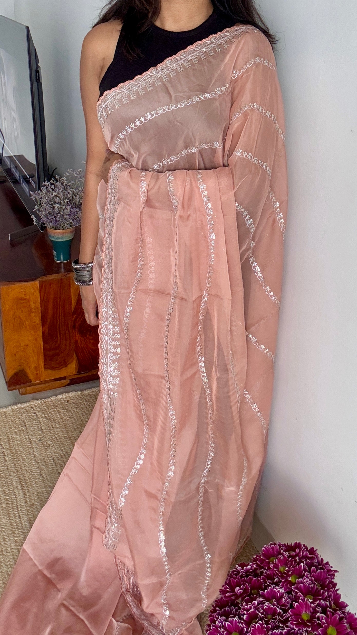 Light Peach Sequin Work - Soft Organza YCOWMX02