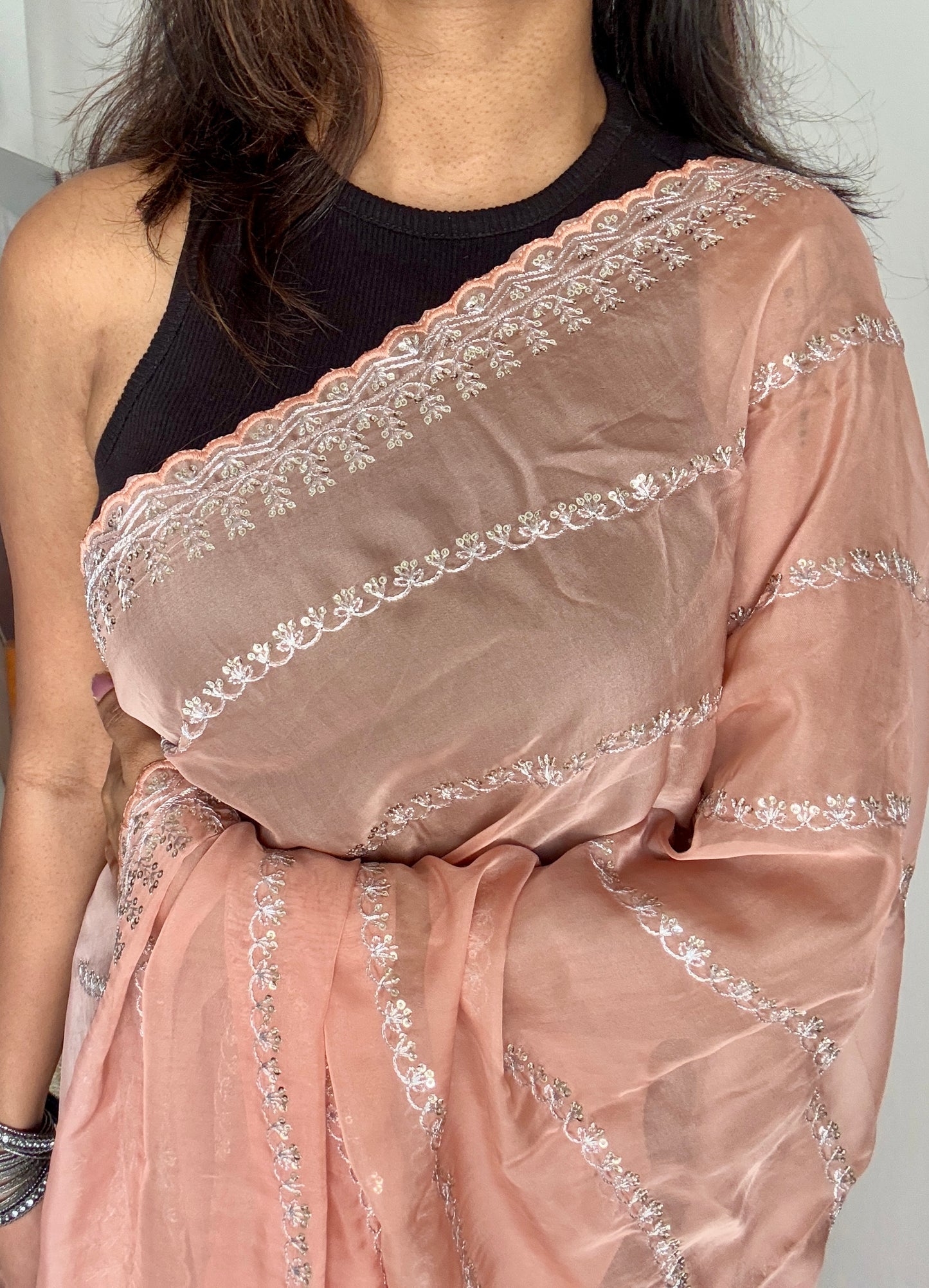 Light Peach Sequin Work - Soft Organza YCOWMX02