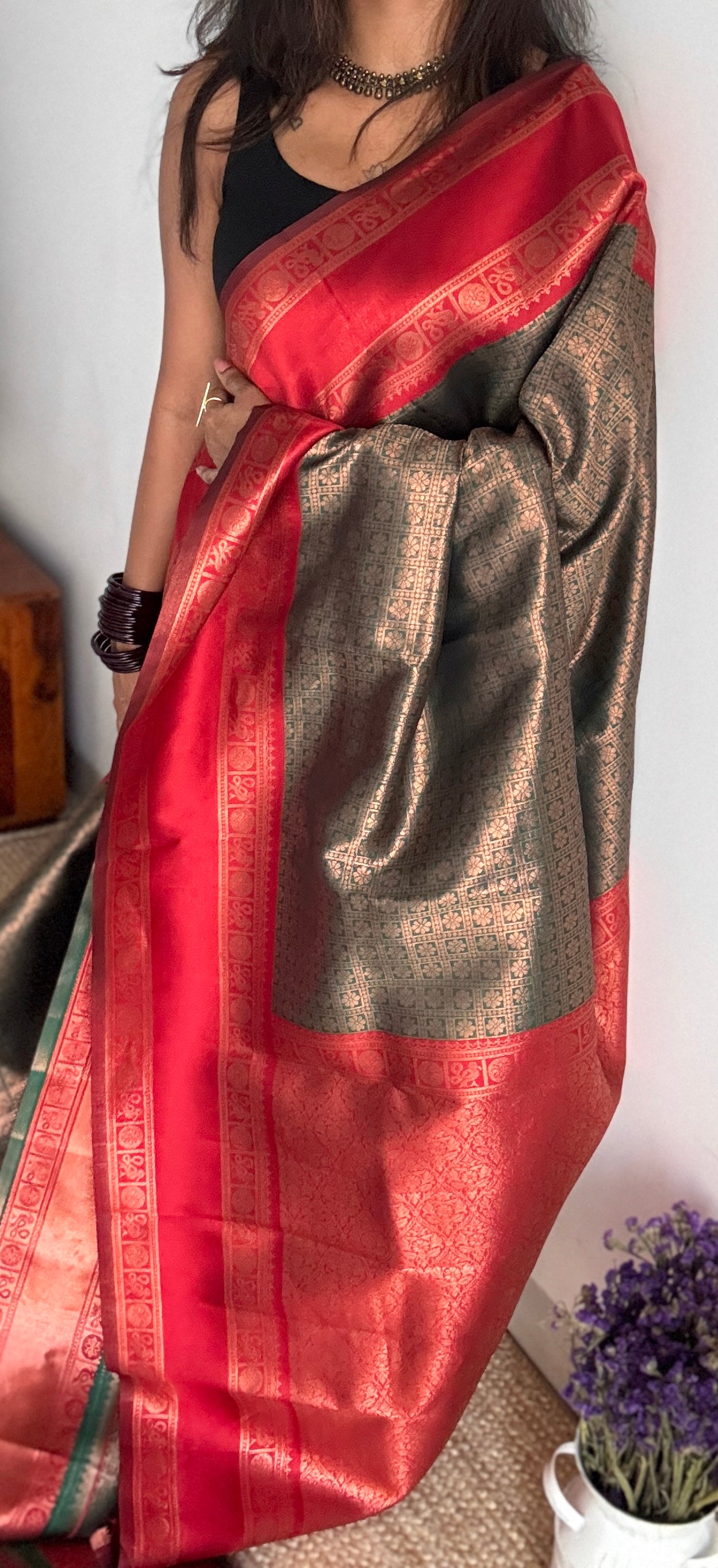 Green Red - Brocade Semi Silk