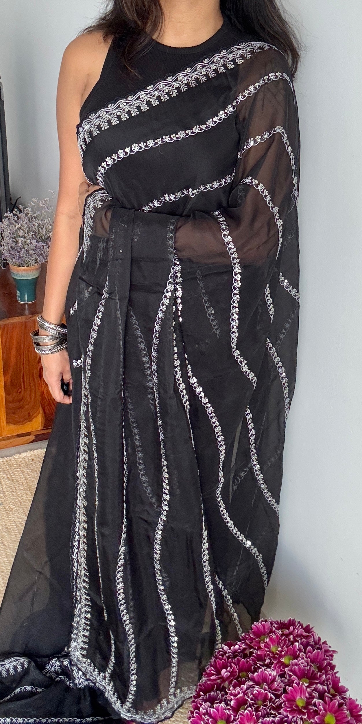 Black Sequin Work - Soft Organza YCOWMX03