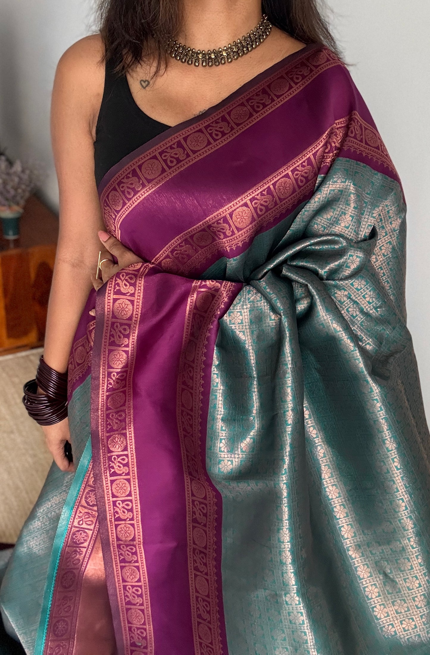 Teal with Purple- Brocade Semi Silk