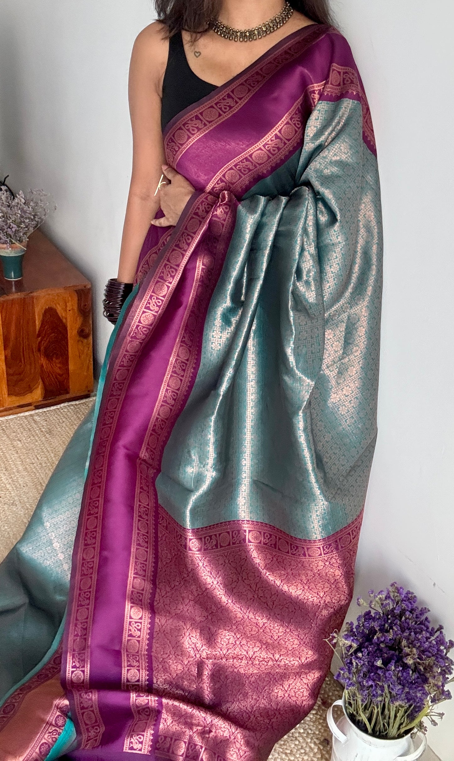 Teal with Purple- Brocade Semi Silk