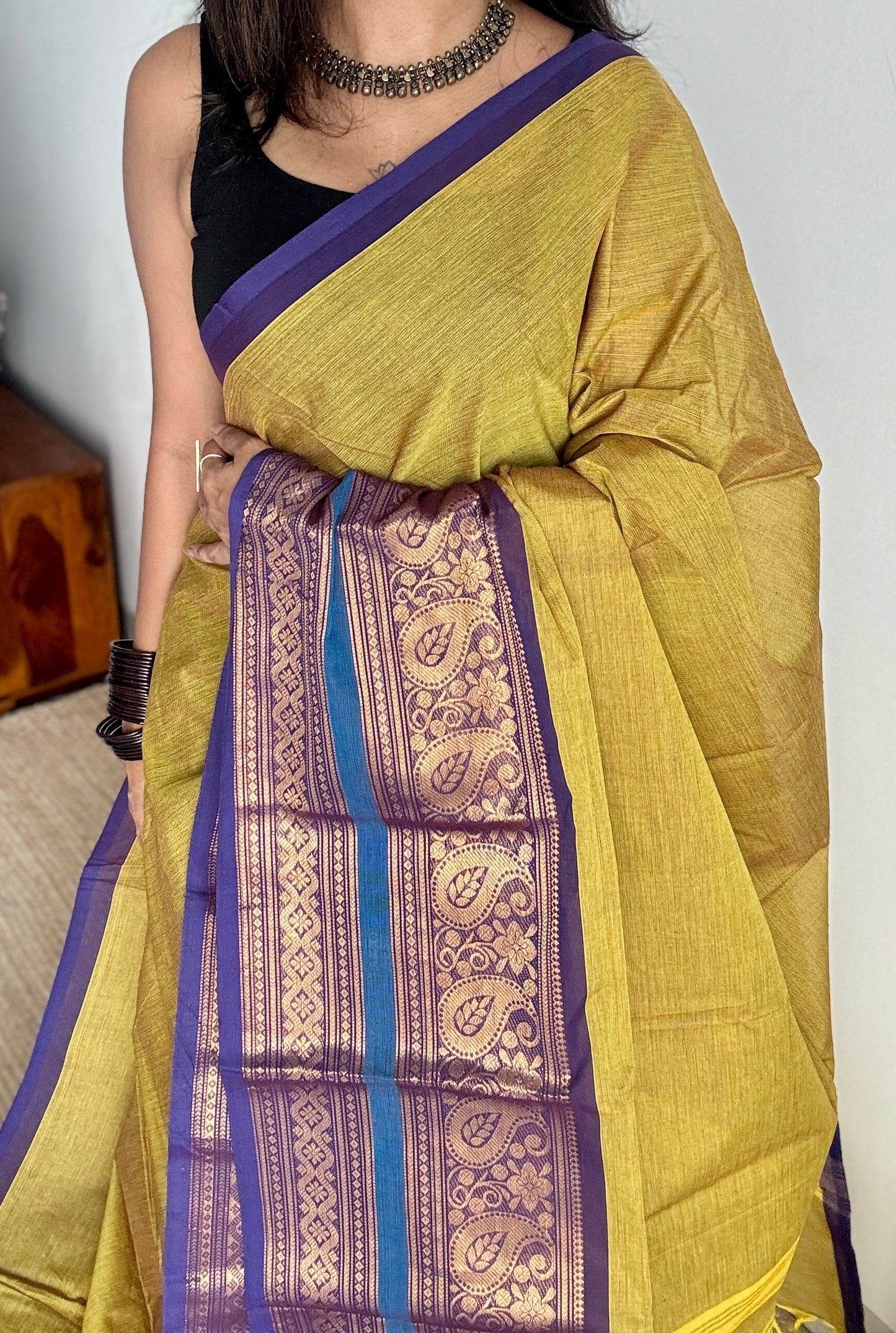 Parrot Green with one side broad zari - Chettinad Soft Cotton - YCCL407