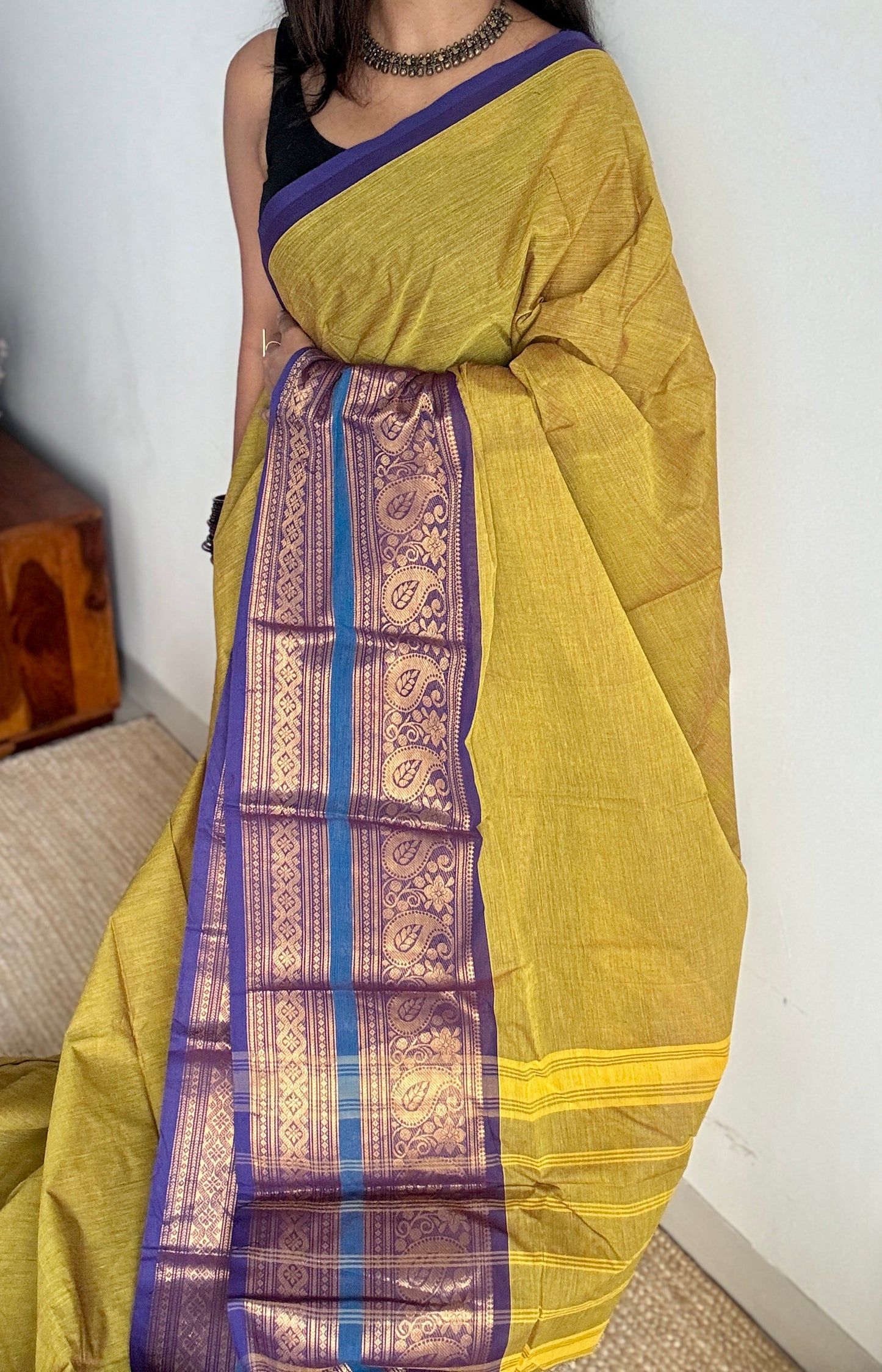 Parrot Green with one side broad zari - Chettinad Soft Cotton - YCCL407