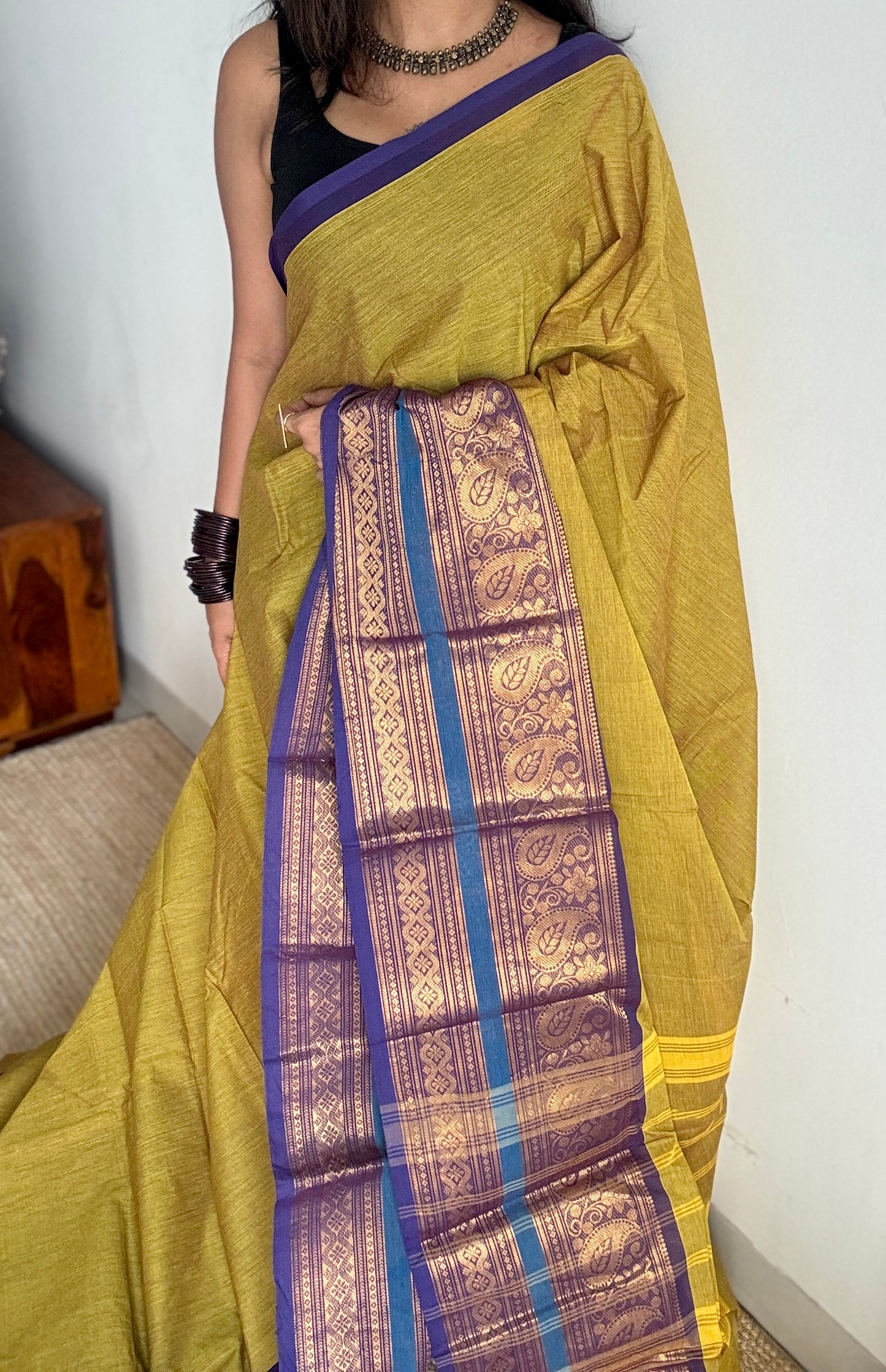 Parrot Green with one side broad zari - Chettinad Soft Cotton - YCCL407