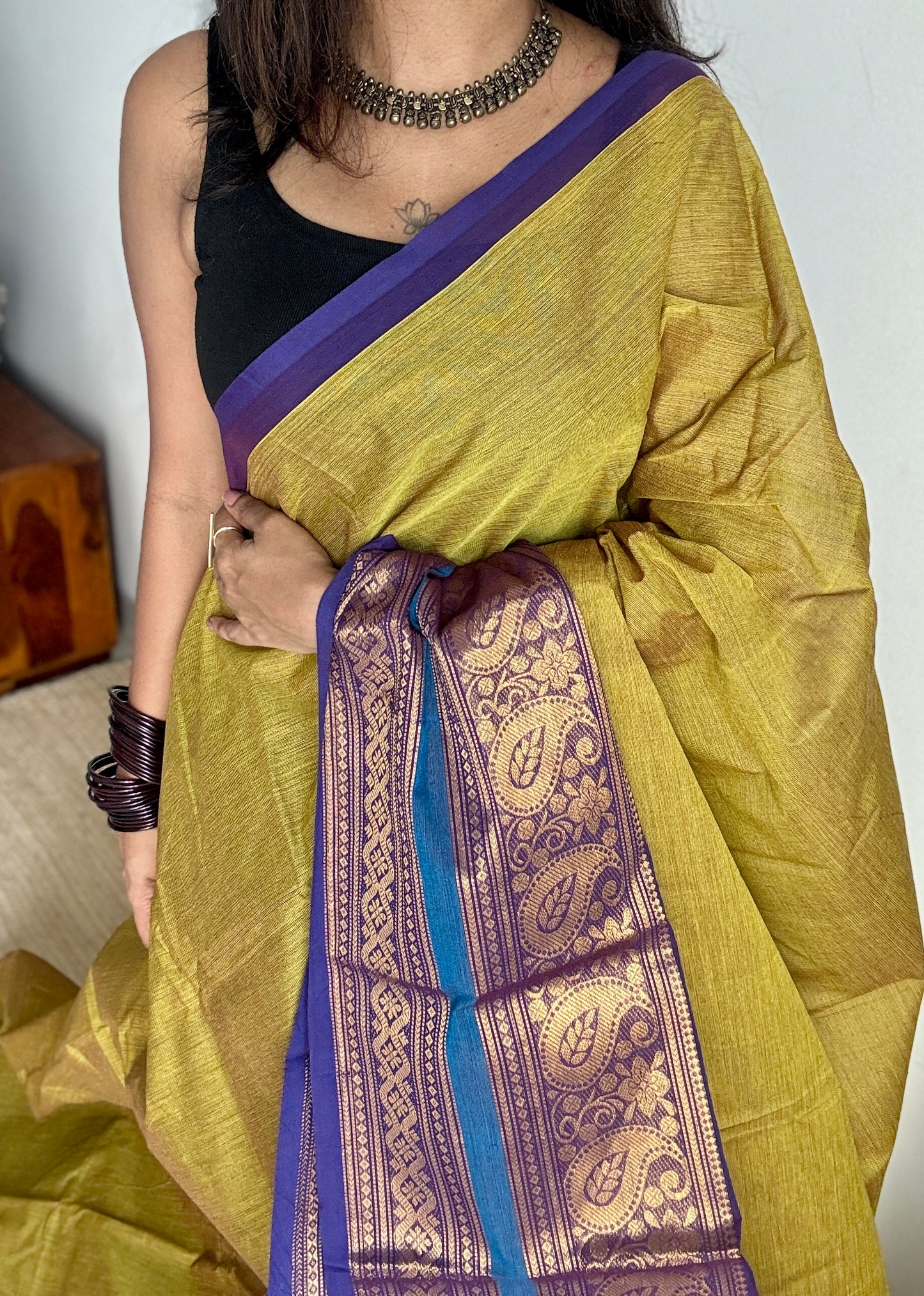 Parrot Green with one side broad zari - Chettinad Soft Cotton - YCCL407