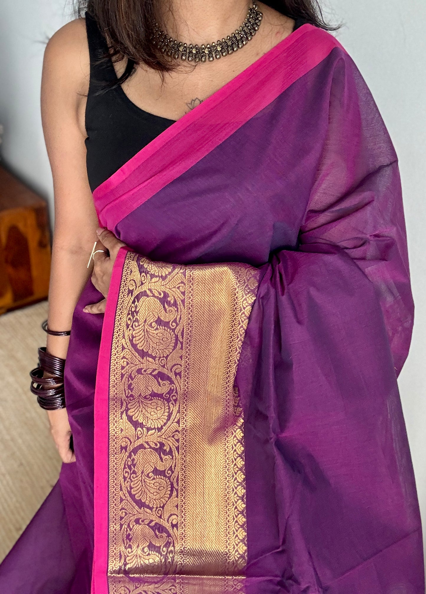 Purple Pink, one side broad zari - Chettinad Soft Cotton - YCCL406