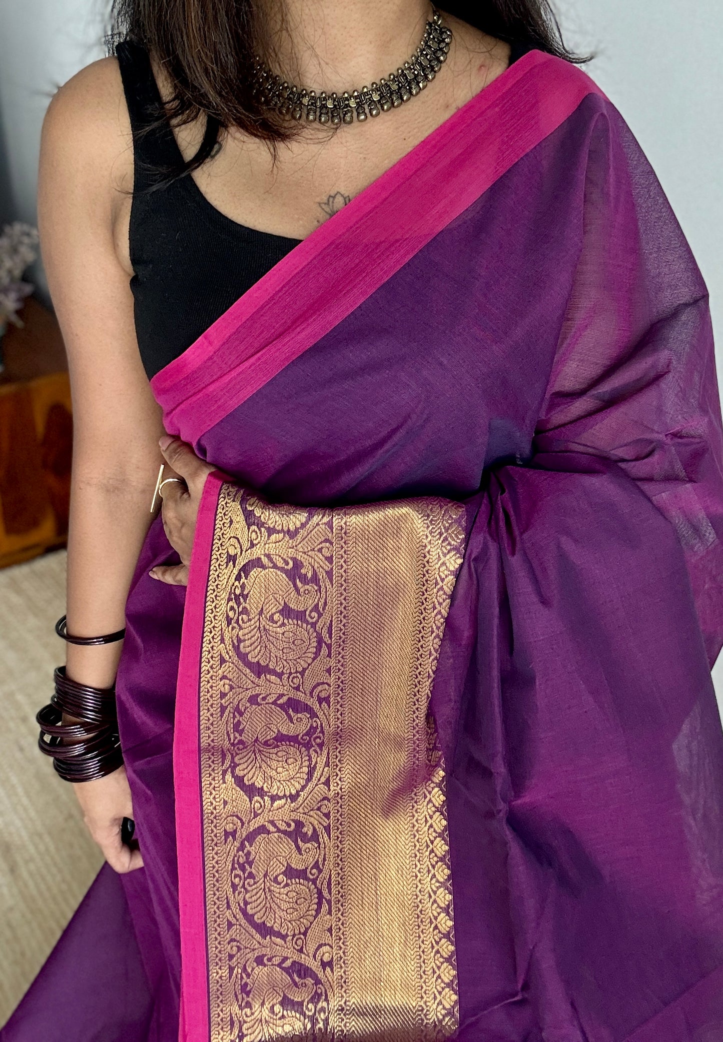 Purple Pink, one side broad zari - Chettinad Soft Cotton - YCCL406