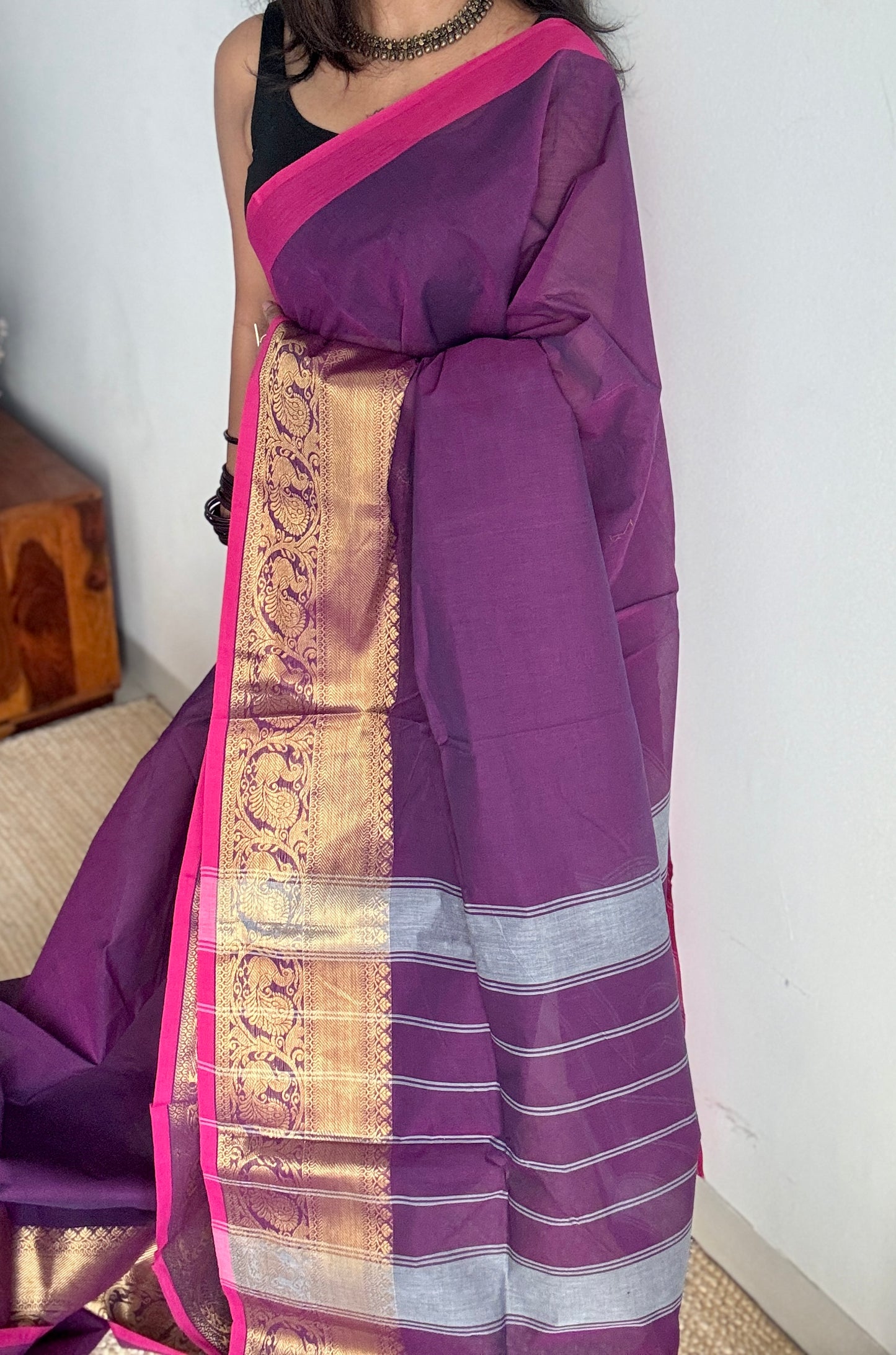Purple Pink, one side broad zari - Chettinad Soft Cotton - YCCL406
