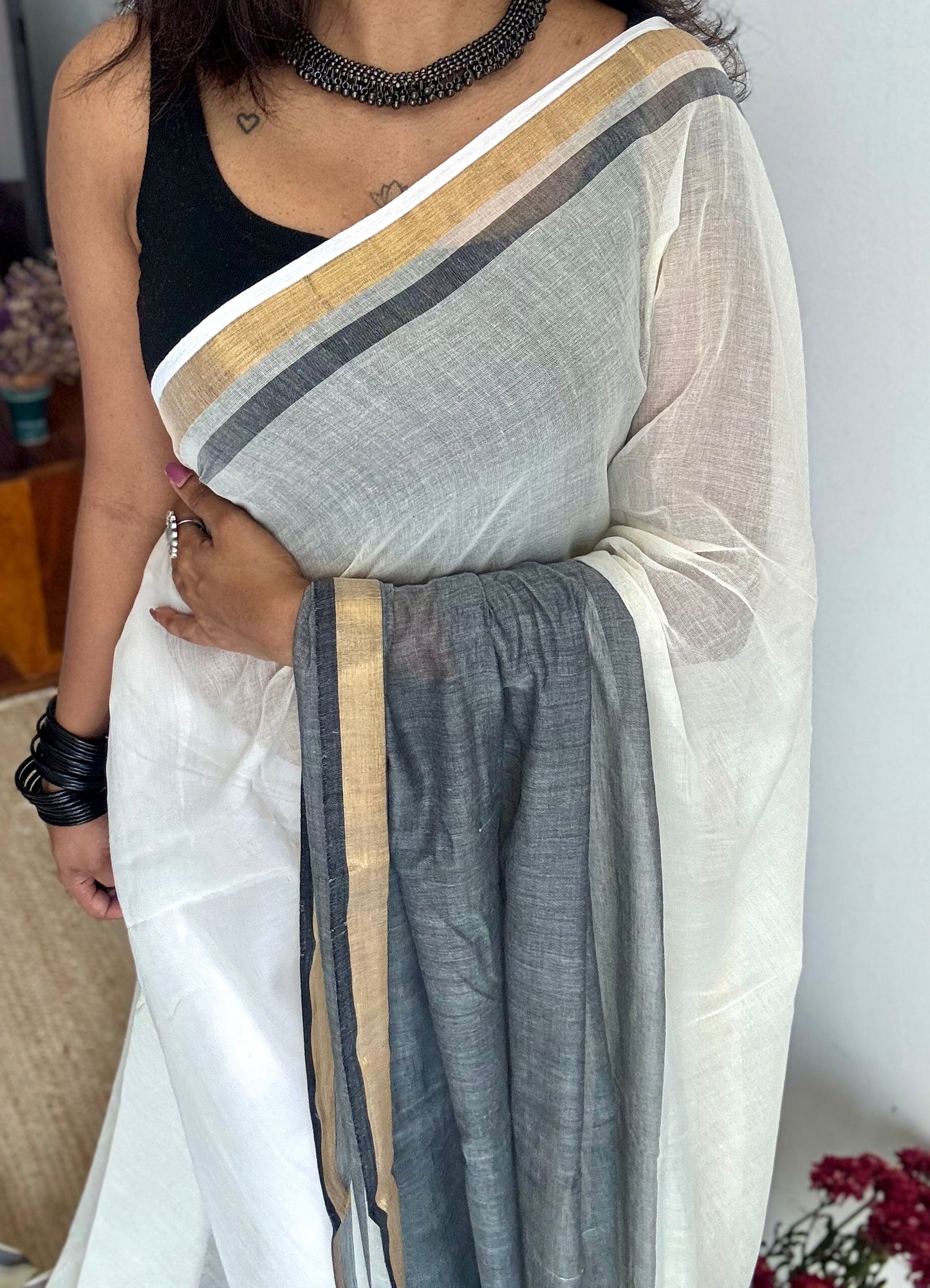 Ivory with dark grey and antique gold zari border, mul cotton - YCONBCM236