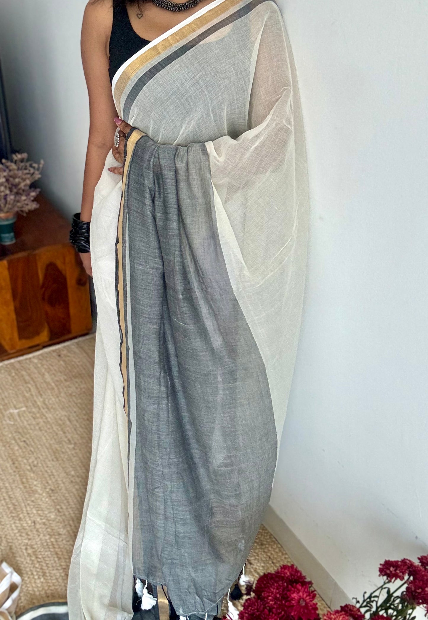 Ivory with dark grey and antique gold zari border, mul cotton - YCONBCM236
