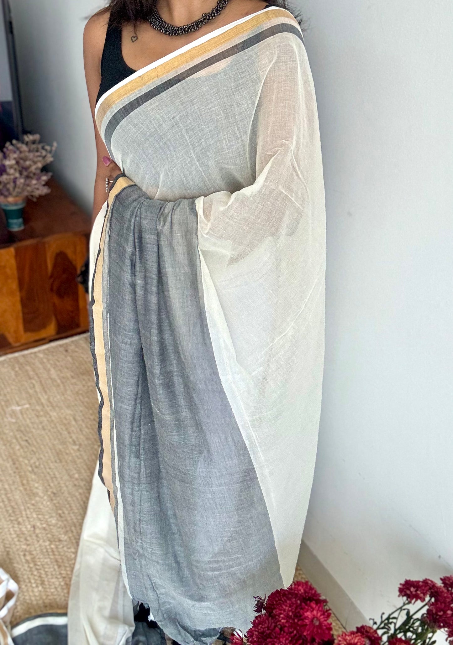 Ivory with dark grey and antique gold zari border, mul cotton - YCONBCM236