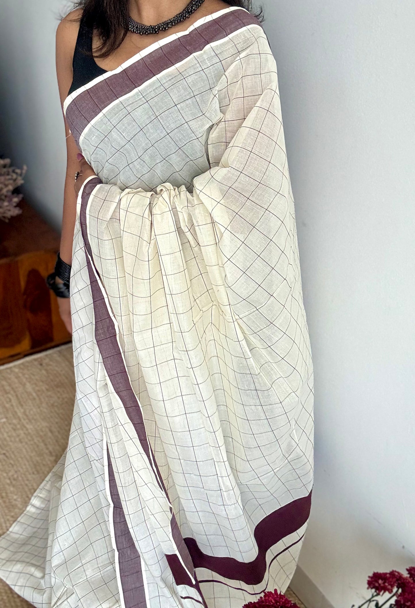 Ivory and brown checks, kerala cotton - YCON25KCPC71