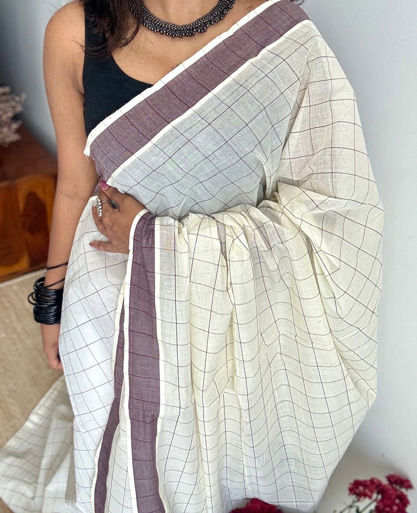 Ivory and brown checks, kerala cotton - YCON25KCPC71