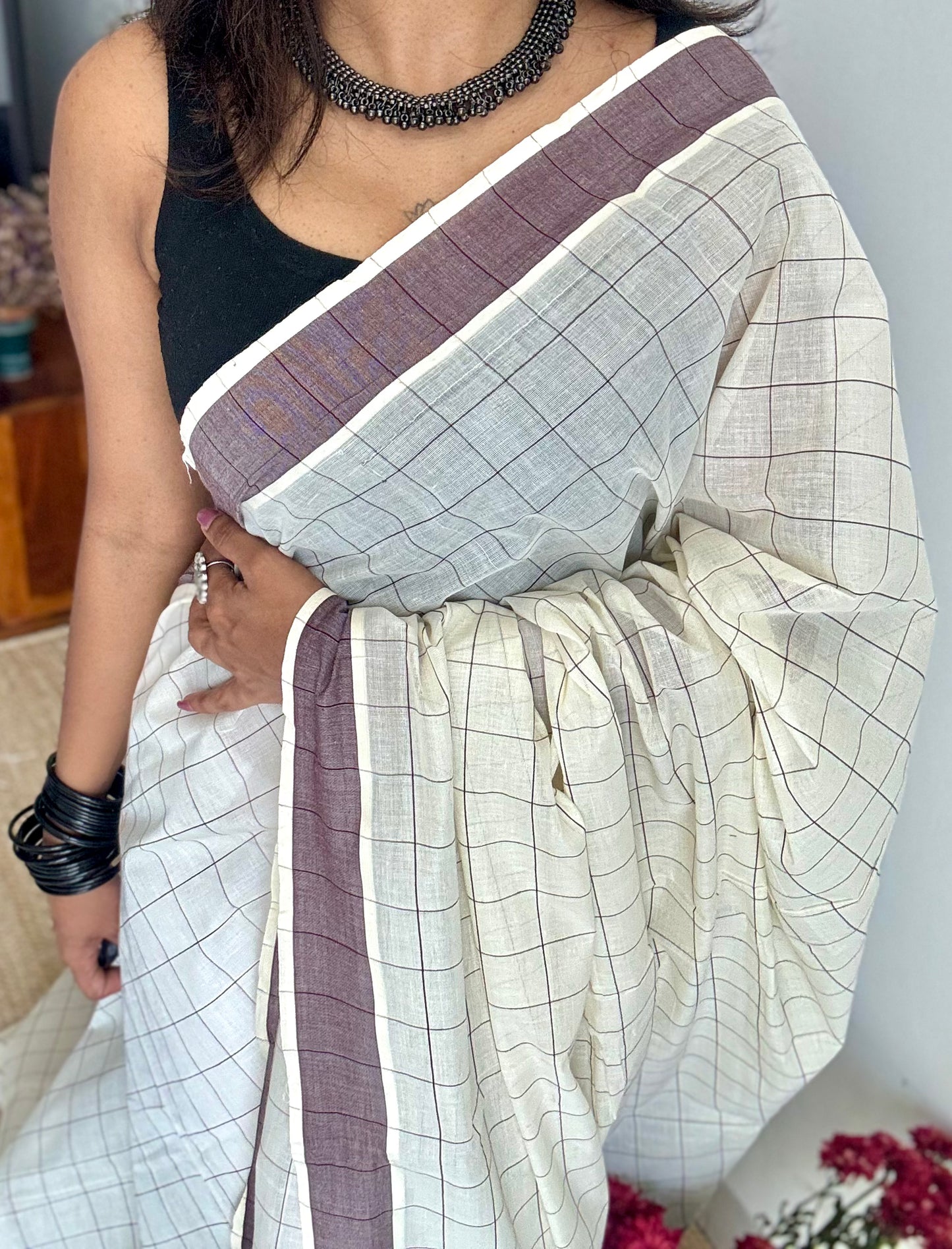 Ivory and brown checks, kerala cotton - YCON25KCPC71