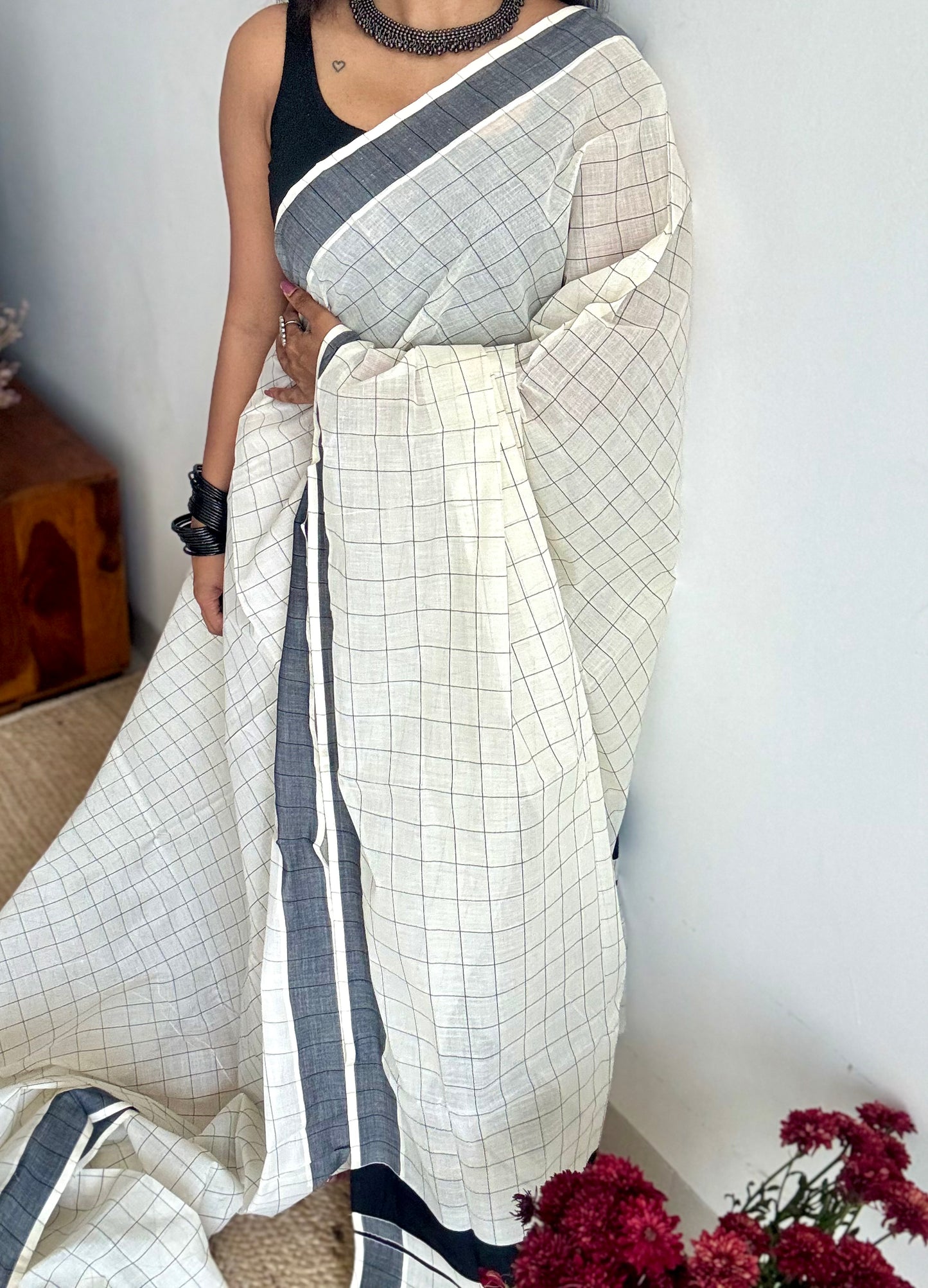 Ivory and black checks, kerala cotton - YCON25KCPC68