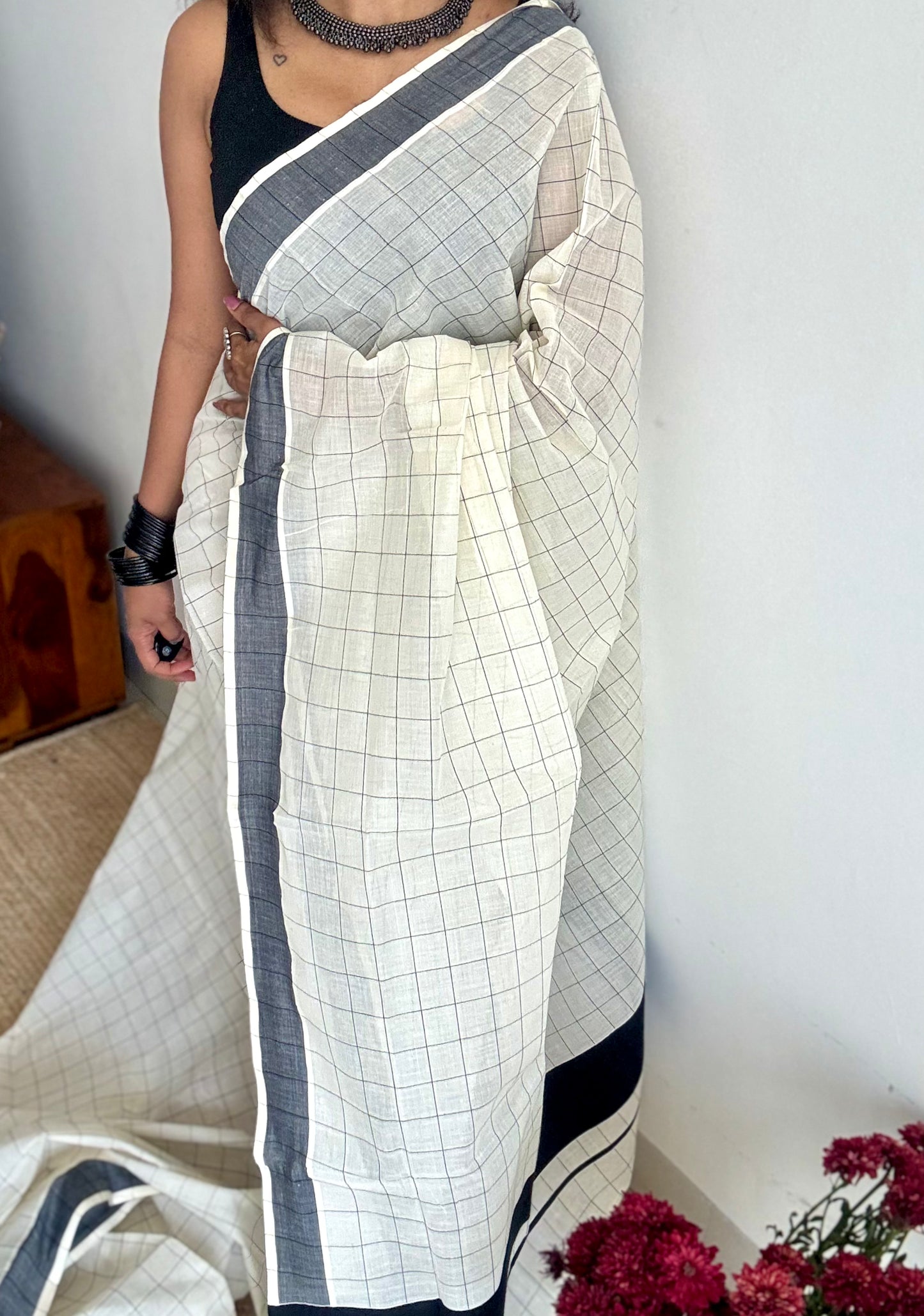 Ivory and black checks, kerala cotton - YCON25KCPC68