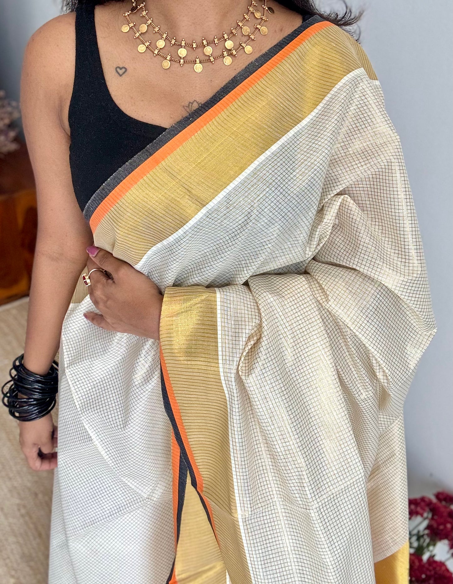 Ivory with gold checks, highlighted by black and orange border, kerala tissue cotton - YCON25KCCK80