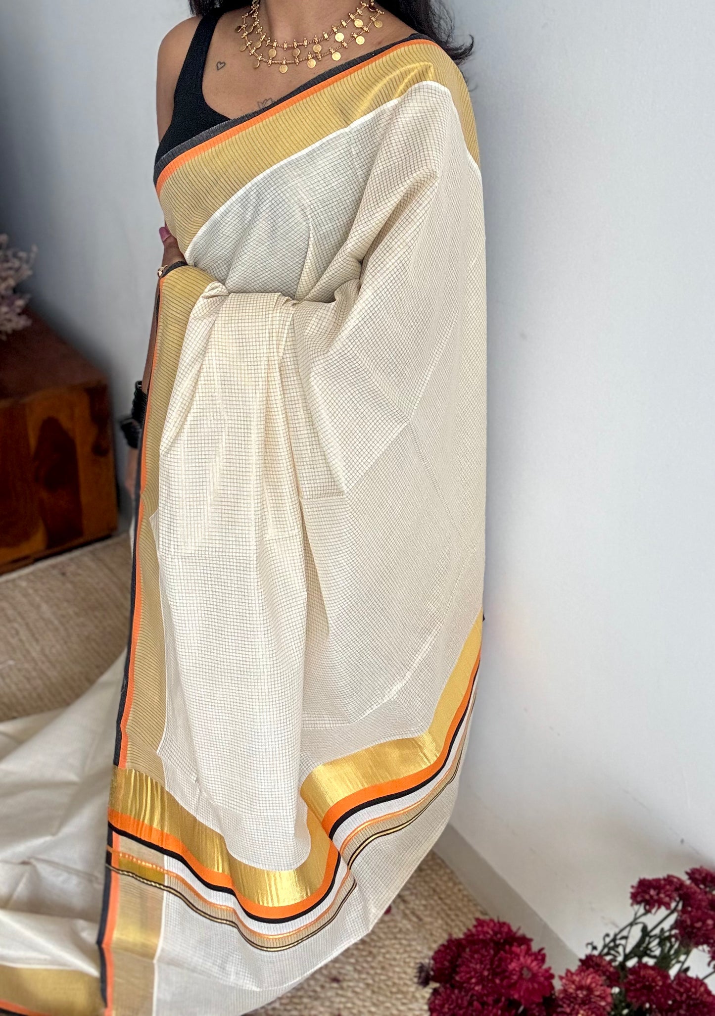 Ivory with gold checks, highlighted by black and orange border, kerala tissue cotton - YCON25KCCK80