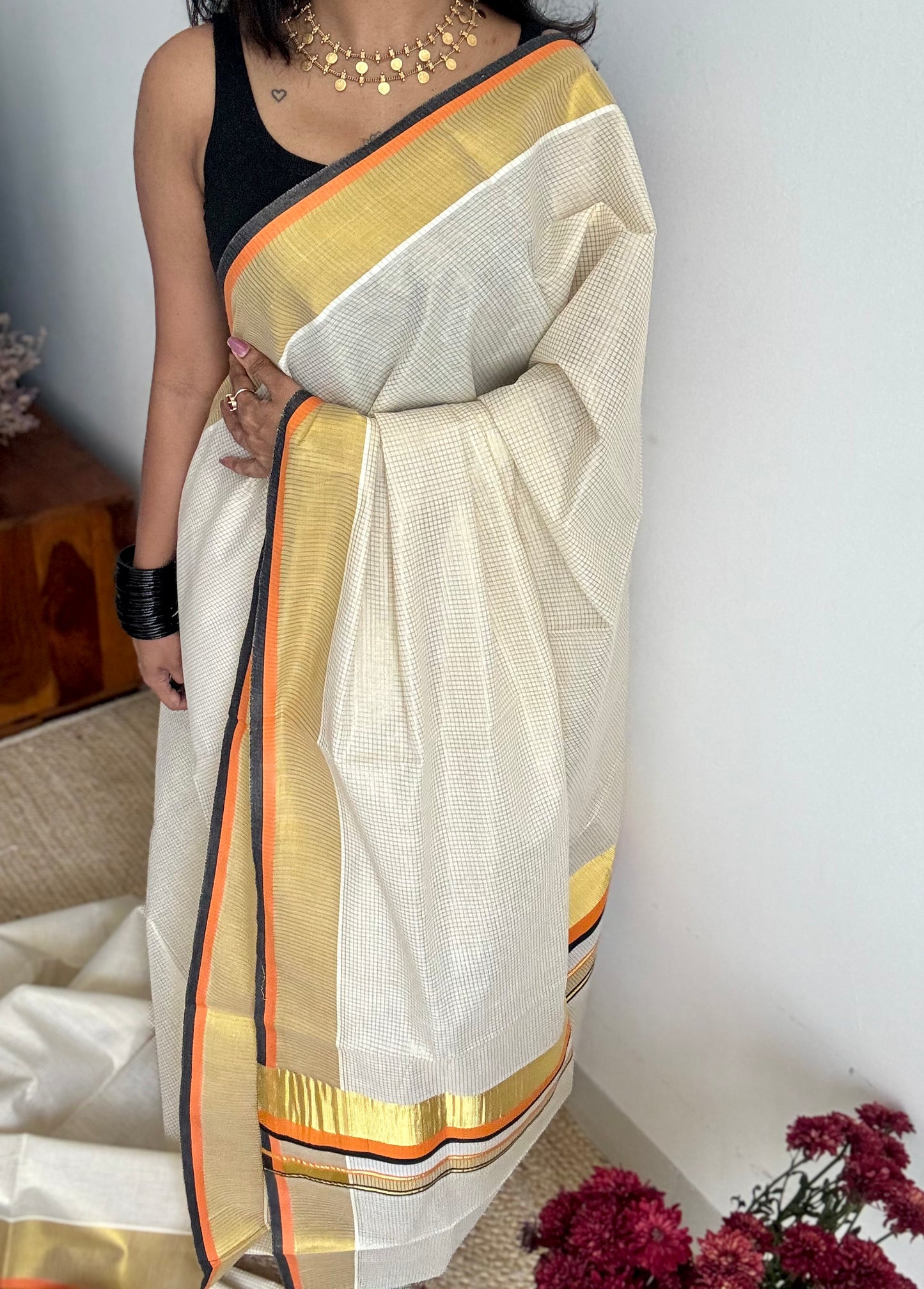 Ivory with gold checks, highlighted by black and orange border, kerala tissue cotton - YCON25KCCK80