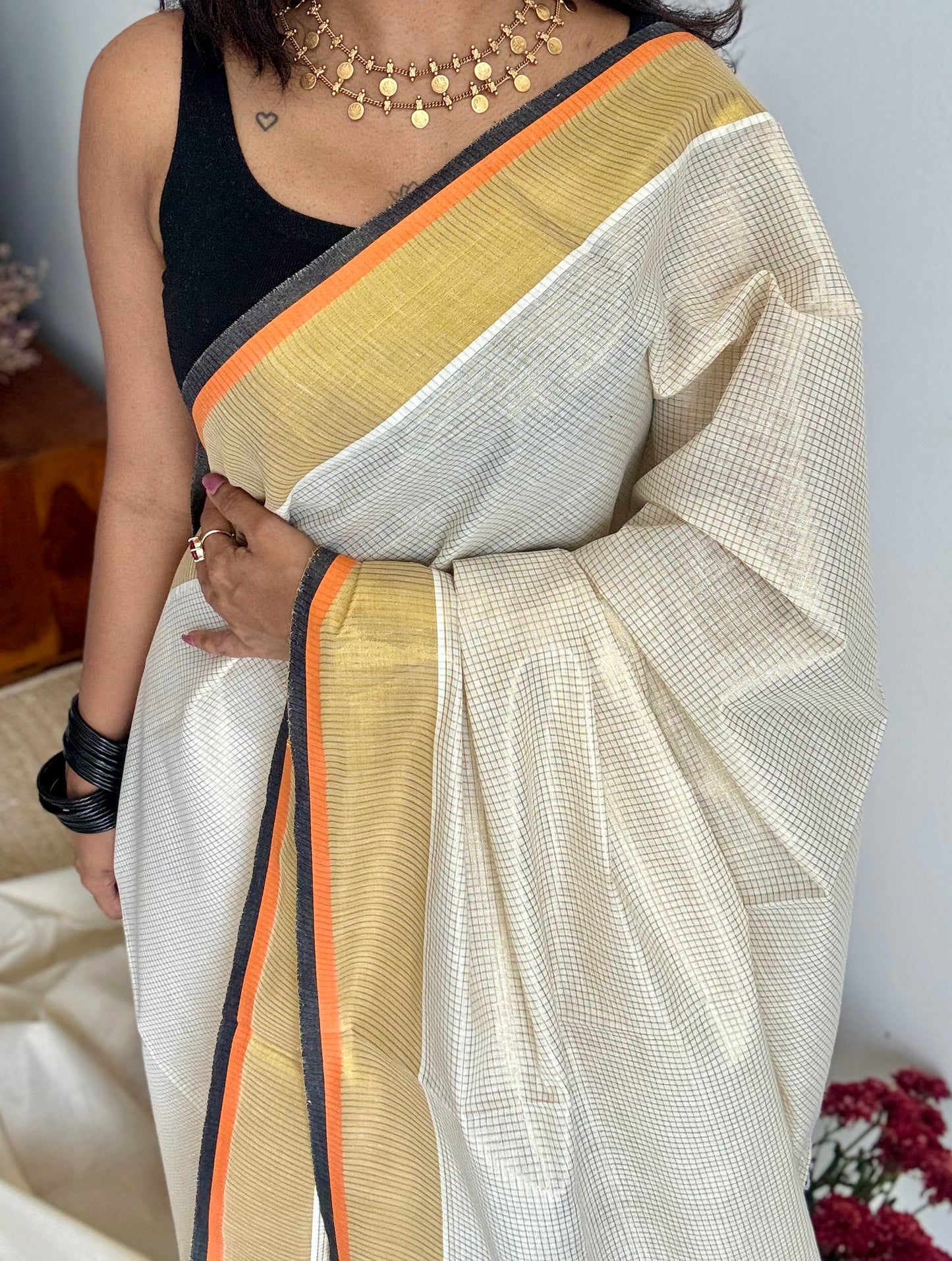 Ivory with gold checks, highlighted by black and orange border, kerala tissue cotton - YCON25KCCK80