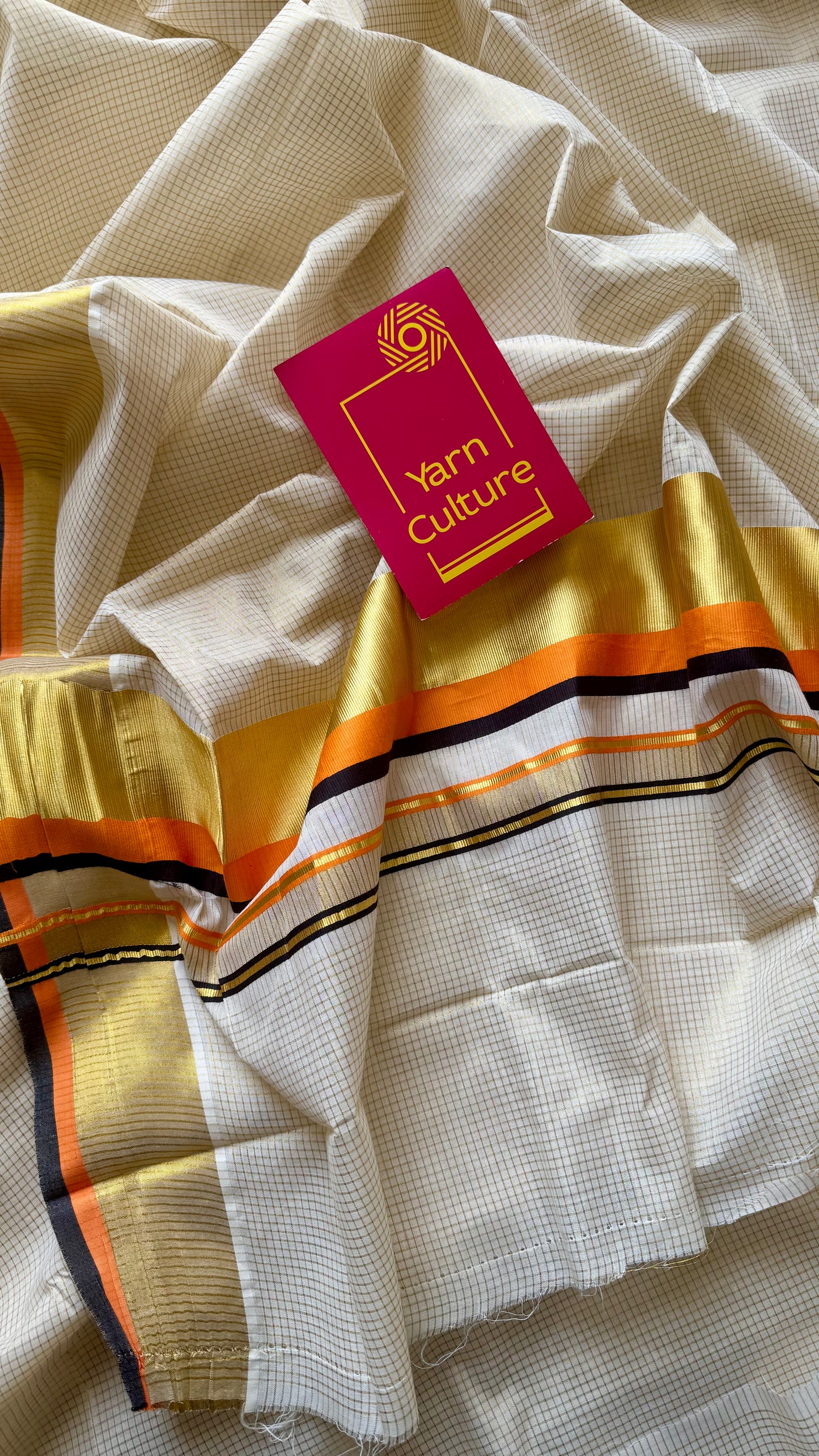 Ivory with gold checks, highlighted by black and orange border, kerala tissue cotton - YCON25KCCK80