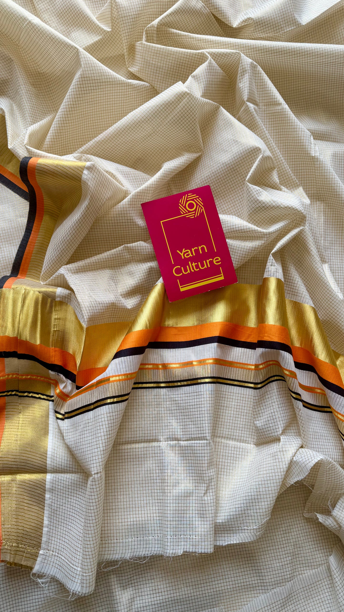 Ivory with gold checks, highlighted by black and orange border, kerala tissue cotton - YCON25KCCK80