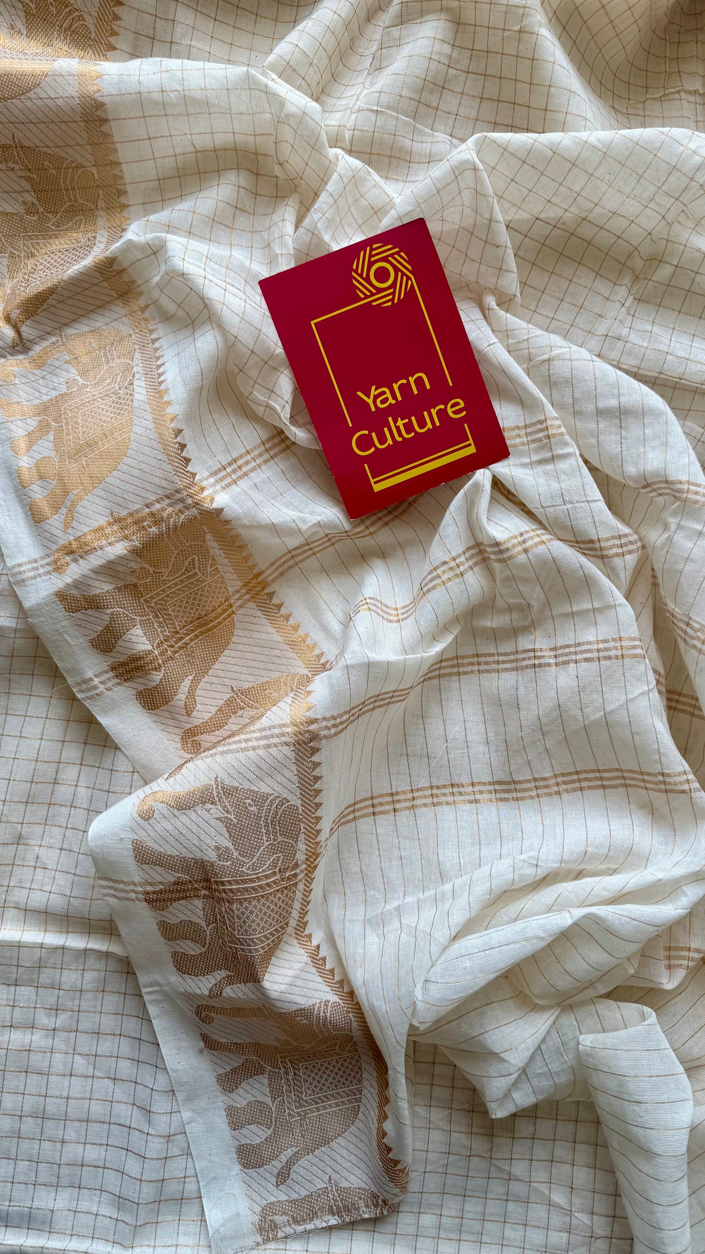 Gaja Rekha - small kattam checks,elephant motif, ivory & gold, soft cotton - YCON25COTN102