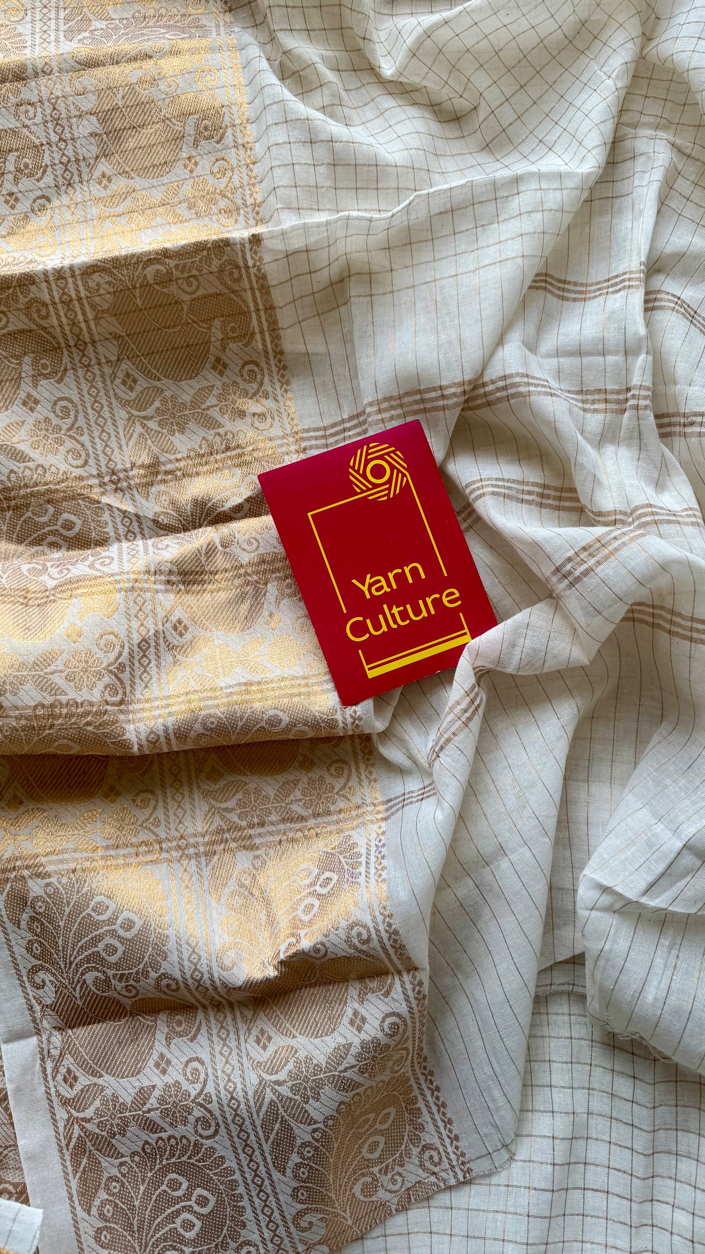Mayura Rekha - small kattam checks, broad peacock motif, ivory & gold, soft cotton - YCON25COTN90