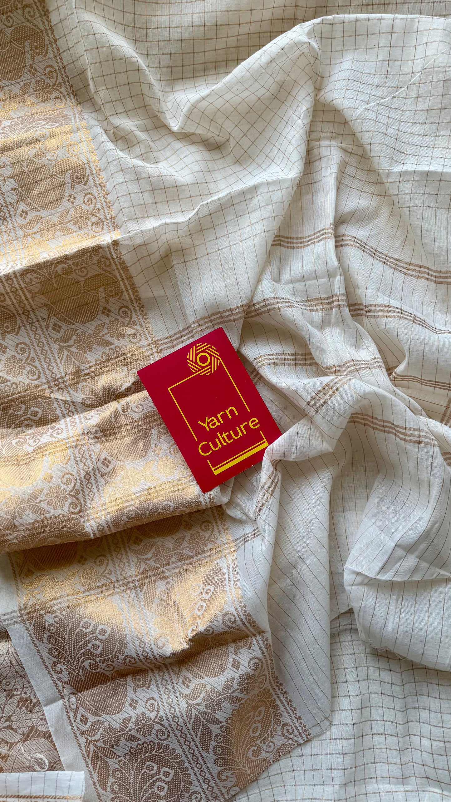 Mayura Rekha - small kattam checks, broad peacock motif, ivory & gold, soft cotton - YCON25COTN90