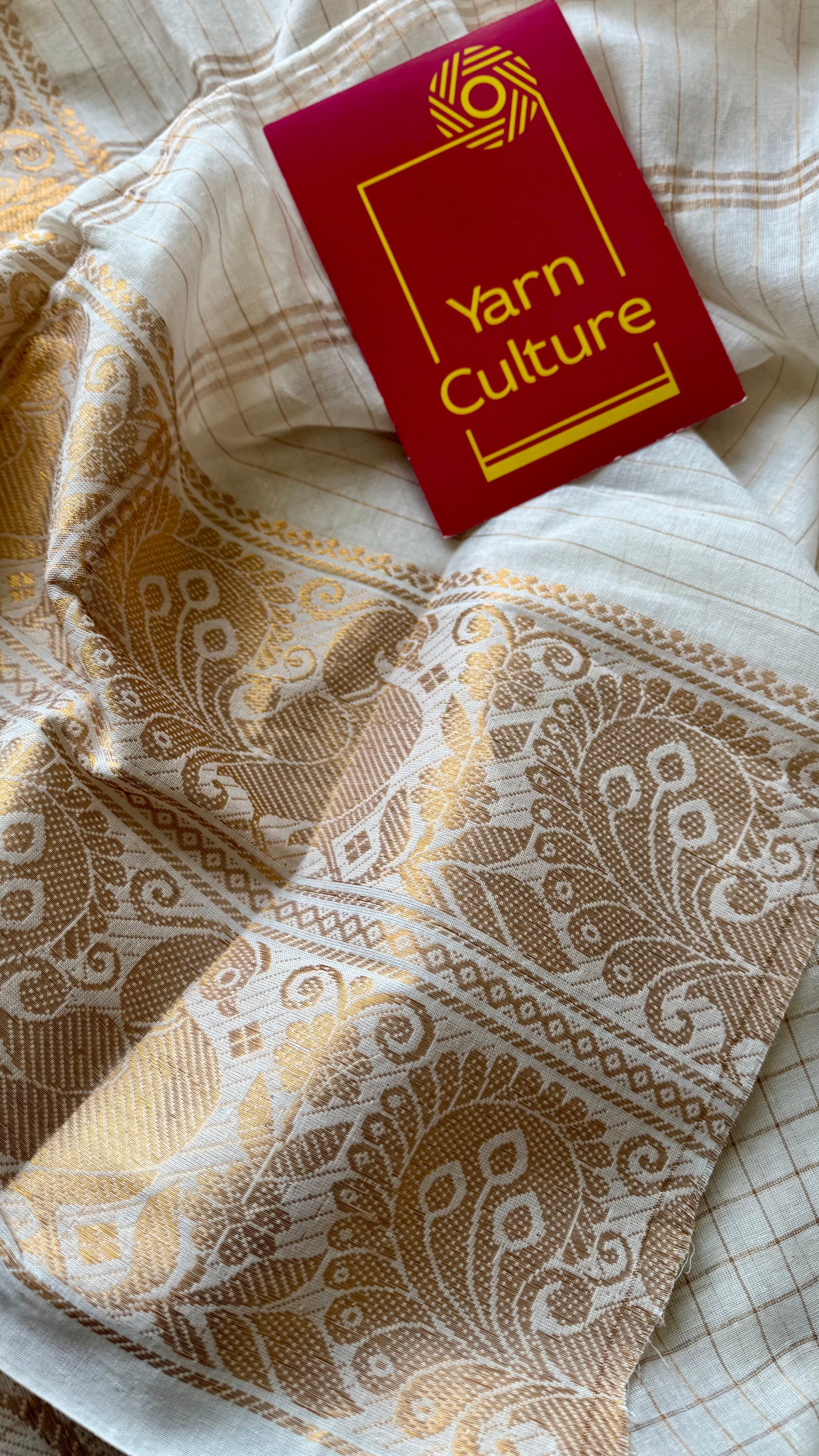 Mayura Rekha - small kattam checks, broad peacock motif, ivory & gold, soft cotton - YCON25COTN90