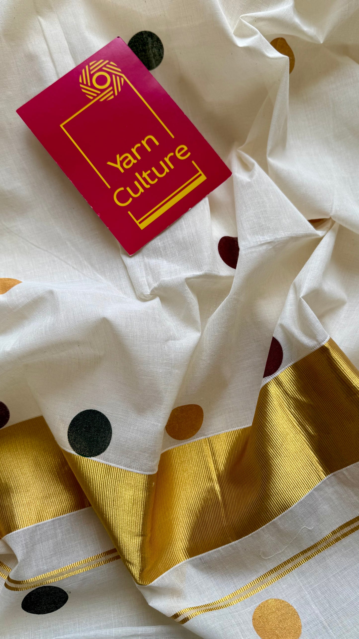 Ivory and gold with polka coloured buttas, kerala cotton - YCON25KCPD249